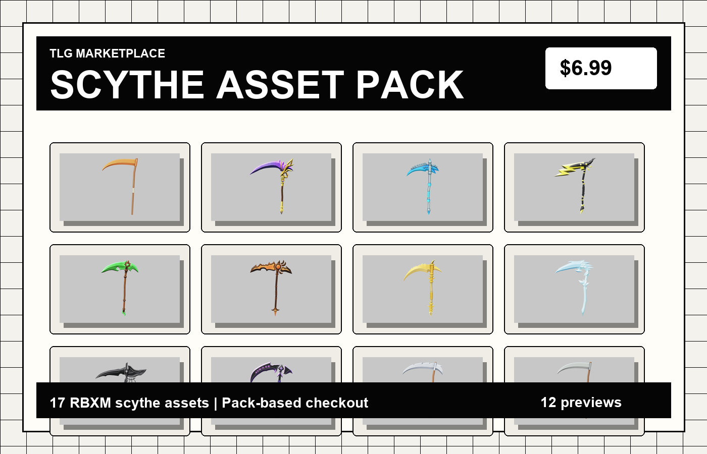 TLG Scythe Asset Pack thumbnail showing multiple Roblox RBXM scythe models