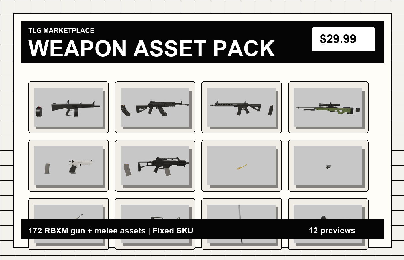 TLG Weapon Asset Pack thumbnail showing Roblox RBXM gun and melee weapon models
