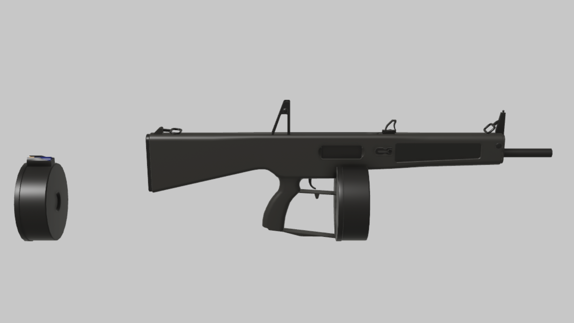 AA-12 Birdshot RBXM firearm asset front render showing a black AA-12 shotgun render with a drum magazine and blue shell marker