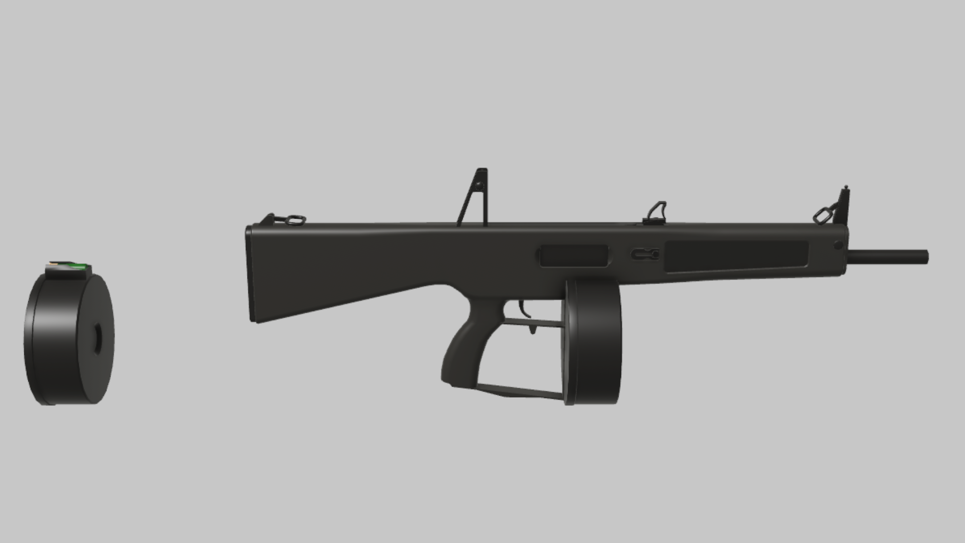 AA-12 Flechette RBXM firearm asset front render showing a black AA-12 shotgun layout with detached drum magazine and green shell marker