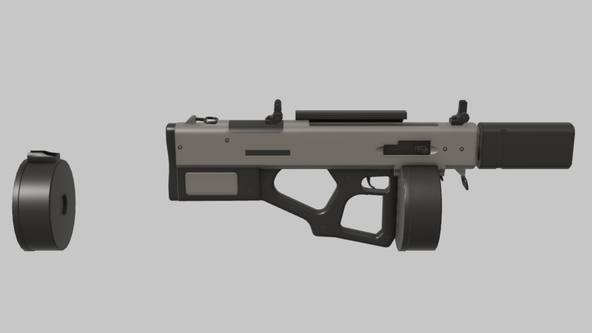AA-12 Tactical RBXM firearm asset front render showing a gray tactical AA-12 body with angular grip cutouts, drum magazine, and blocky muzzle device