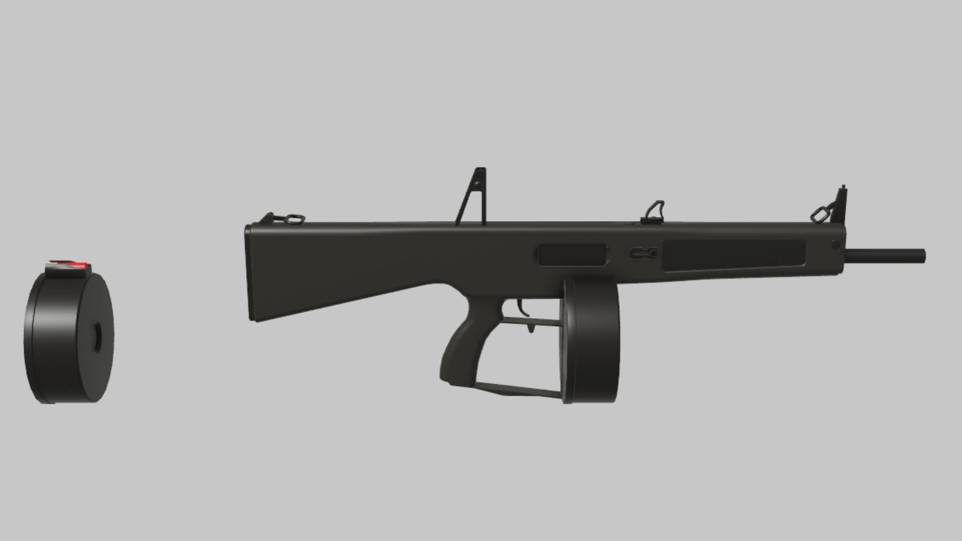 AA-12 RBXM firearm asset front render showing a matte black AA-12 body with a detached drum magazine and compact sights