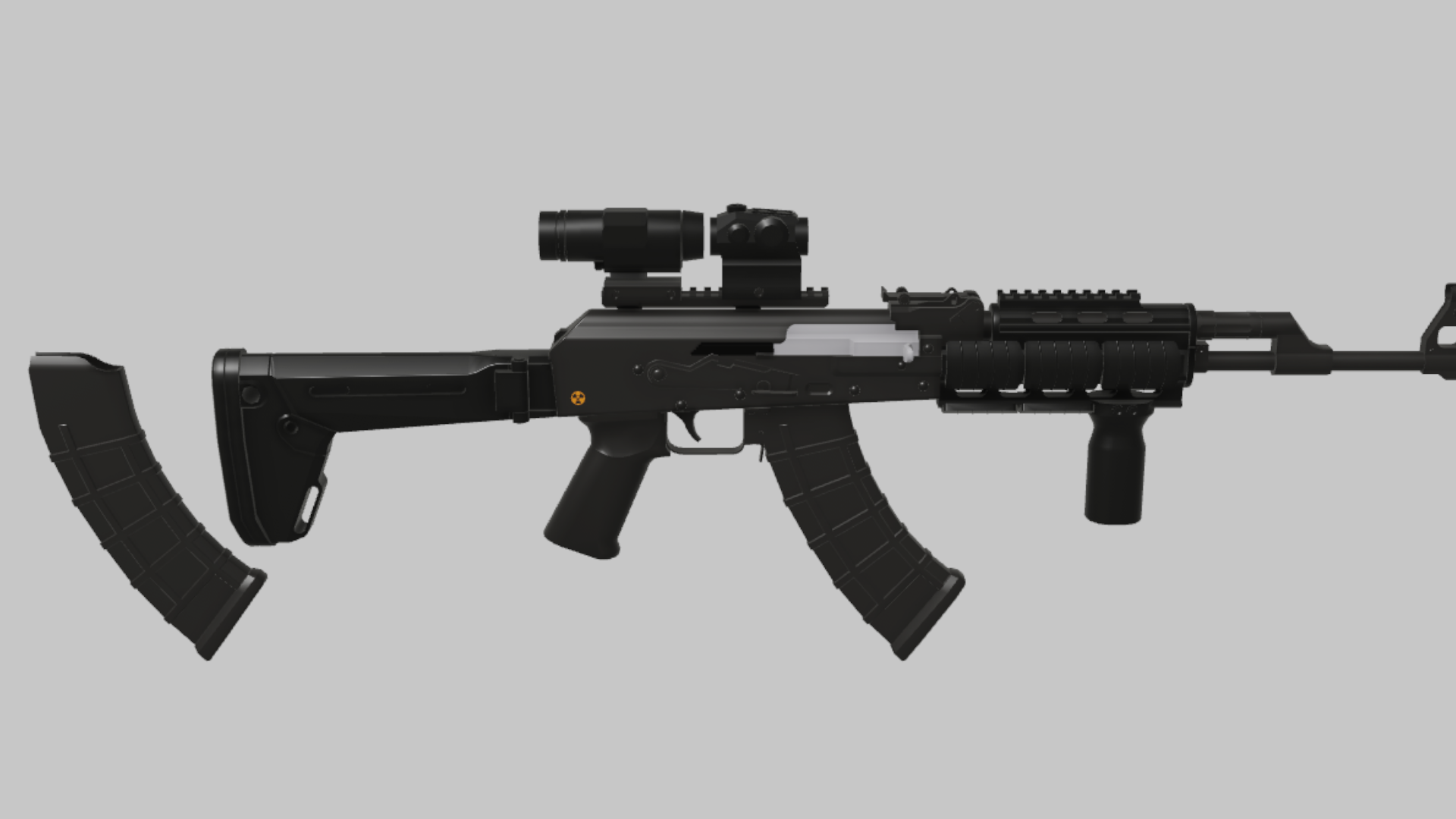 AK-15 Atomic RBXM firearm asset front render showing an AK-15 variant with optic, foregrip, dark receiver, and high-contrast accessory layout