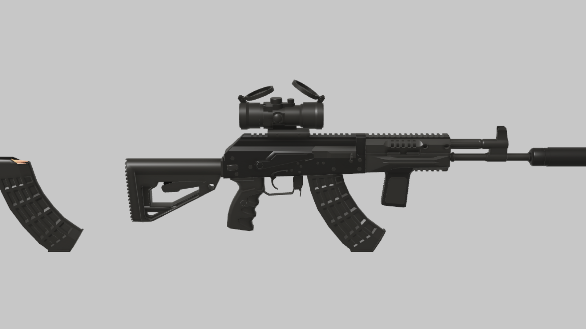 AK-15 Stealth RBXM firearm asset front render showing a stealth AK-15 build with raised optic, dark furniture, and a clean suppressed front profile