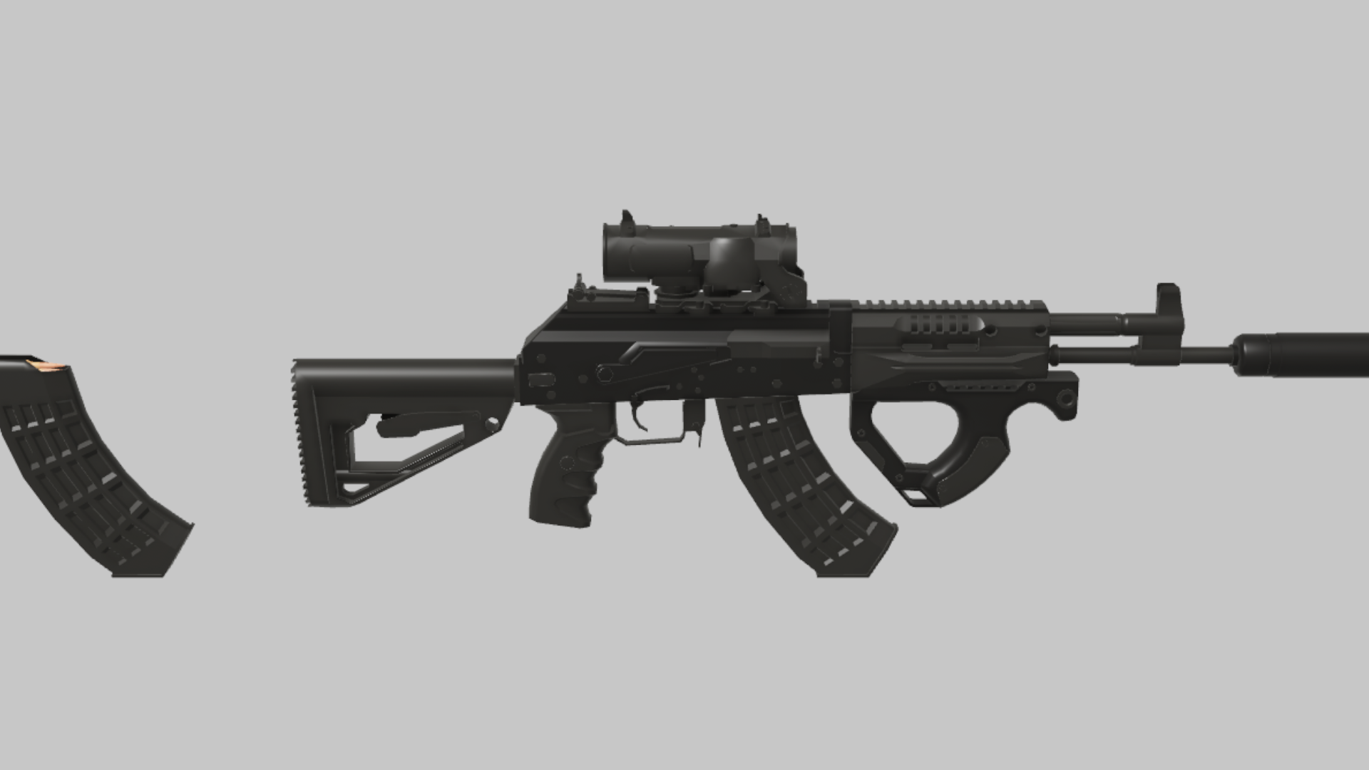 AK-15 Tactical RBXM firearm asset front render showing a tactical AK-15 render with optic, underbarrel grip, curved magazine, and squared trigger guard