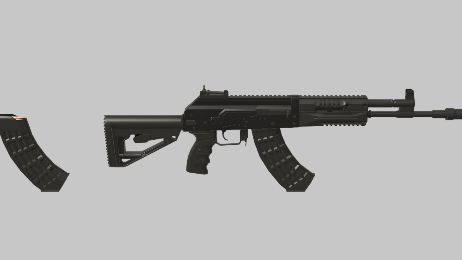 AK-15 RBXM firearm asset front render showing a black AK-15 platform with rail handguard, folding-style stock, curved magazine, and spare mag render