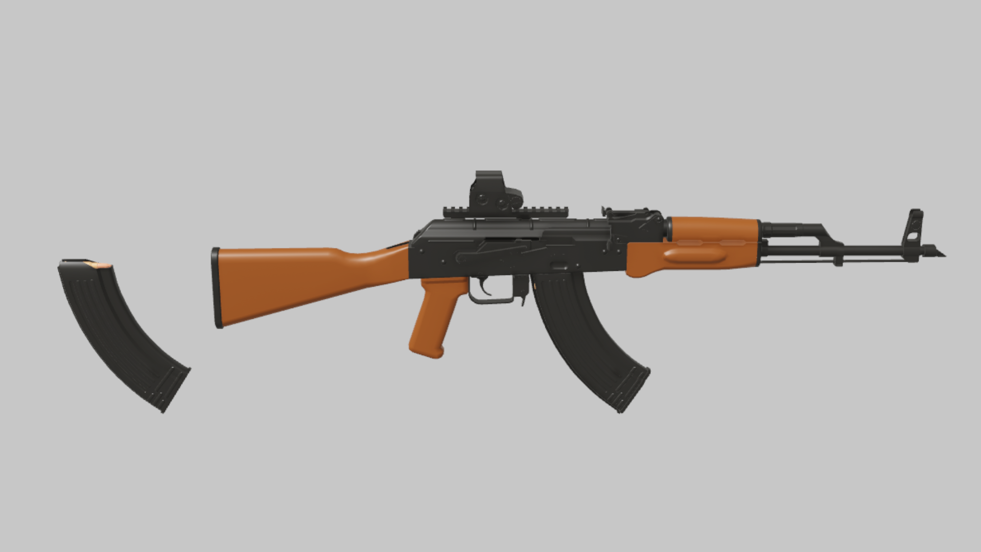 AKM CQB RBXM firearm asset front render showing a wood-furnished AKM with a compact rail optic and close-quarters profile