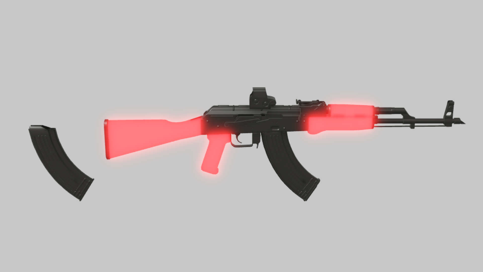 AKM Red Lightning RBXM firearm asset front render showing a red-glow AKM skin with bright crimson furniture and a dark receiver contrast