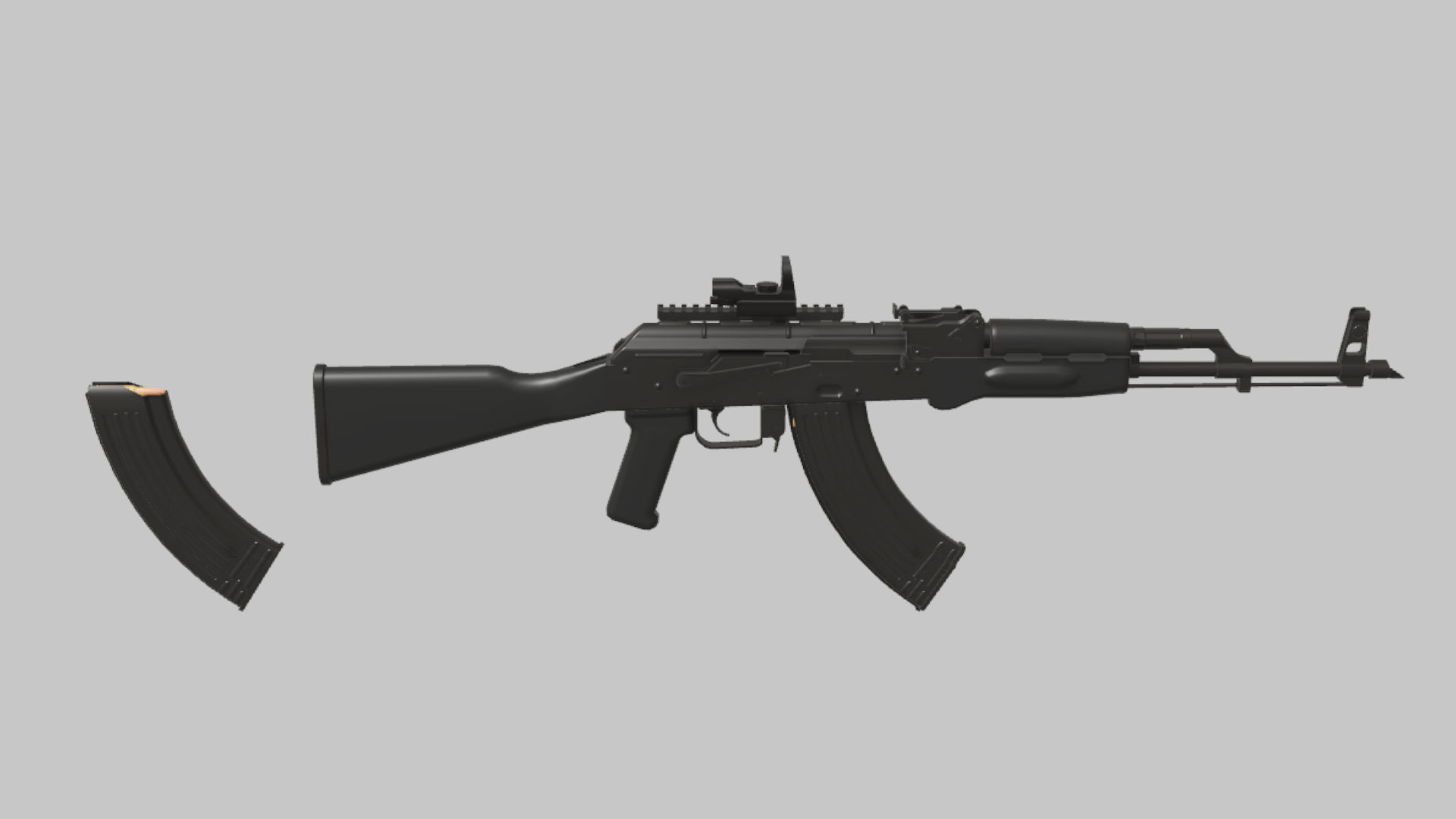 AKM Synthetic RBXM firearm asset front render showing a synthetic black AKM variant with muted furniture, compact optic, and curved magazine