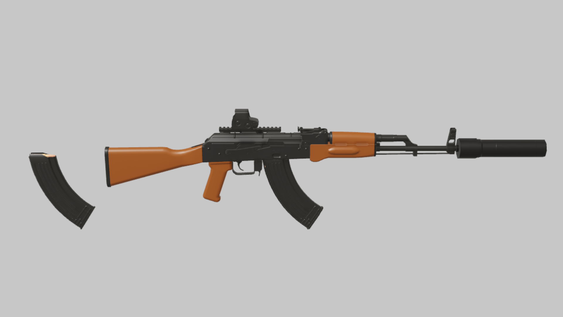AKM Tactical RBXM firearm asset front render showing a wood-stock AKM tactical variant with optic rail and a large black muzzle attachment