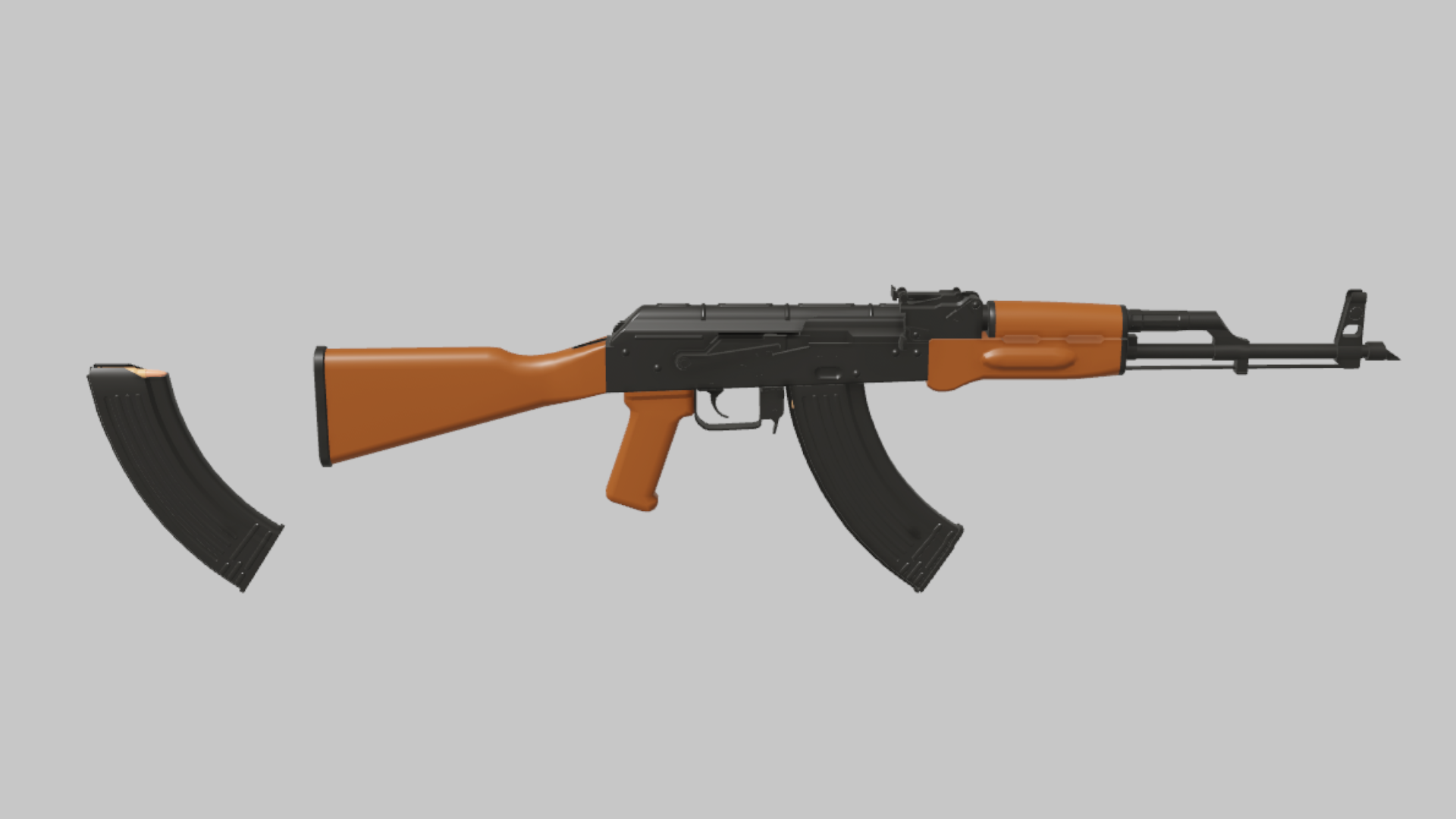 AKM RBXM firearm asset front render showing a classic AKM silhouette with orange wood furniture, black receiver, and curved magazine