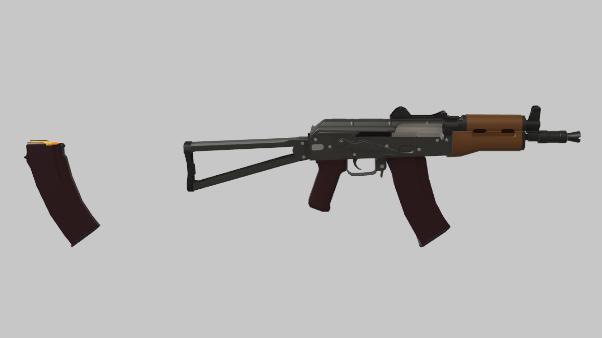AKS-74U RBXM firearm asset front render showing a compact AKS-74U with wire stock, short barrel, wood handguard, and dark red magazine