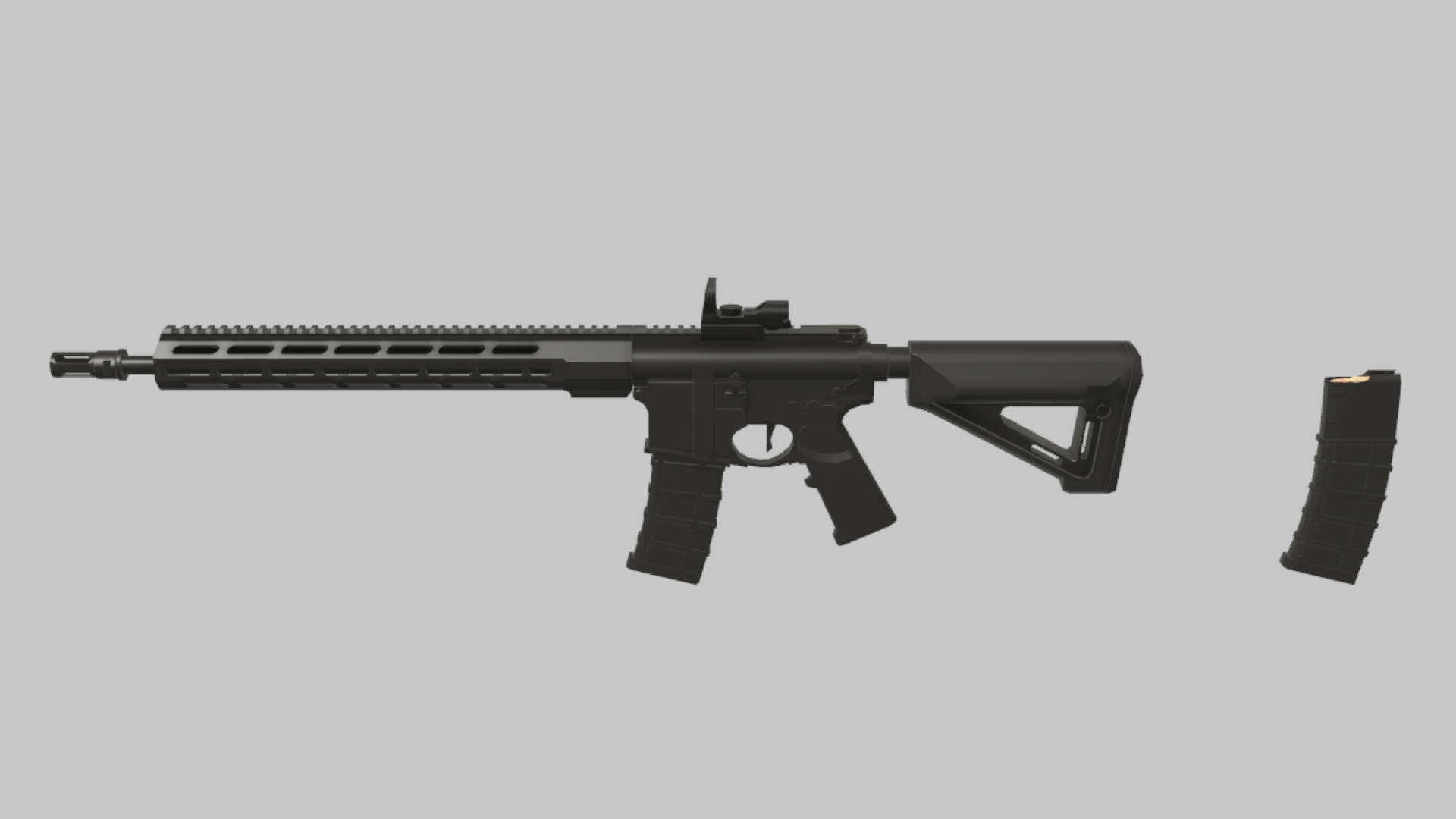 AR-15 CQB RBXM firearm asset front render showing a black AR-15 CQB build with a long rail, compact sights, and spare magazine render