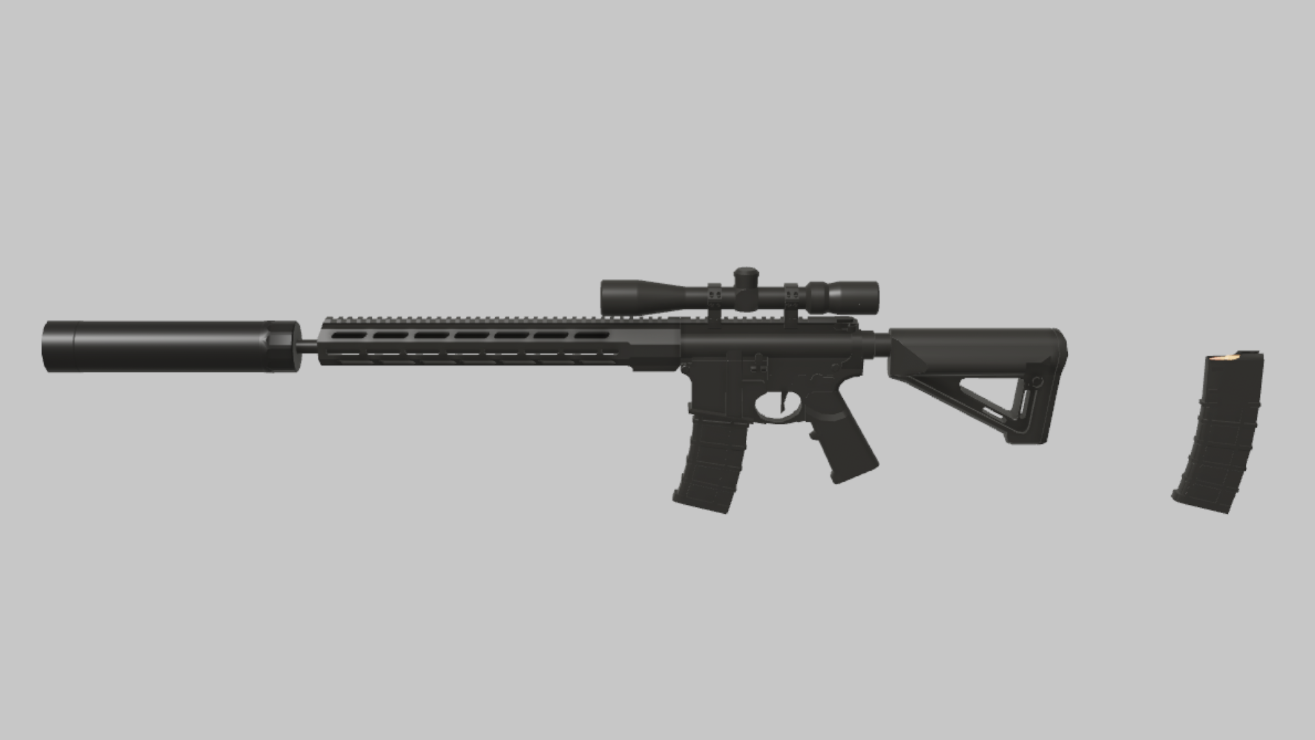 AR-15 Sniper RBXM firearm asset front render showing a suppressed AR-15 sniper profile with long barrel assembly, skeletal stock, and spare magazine