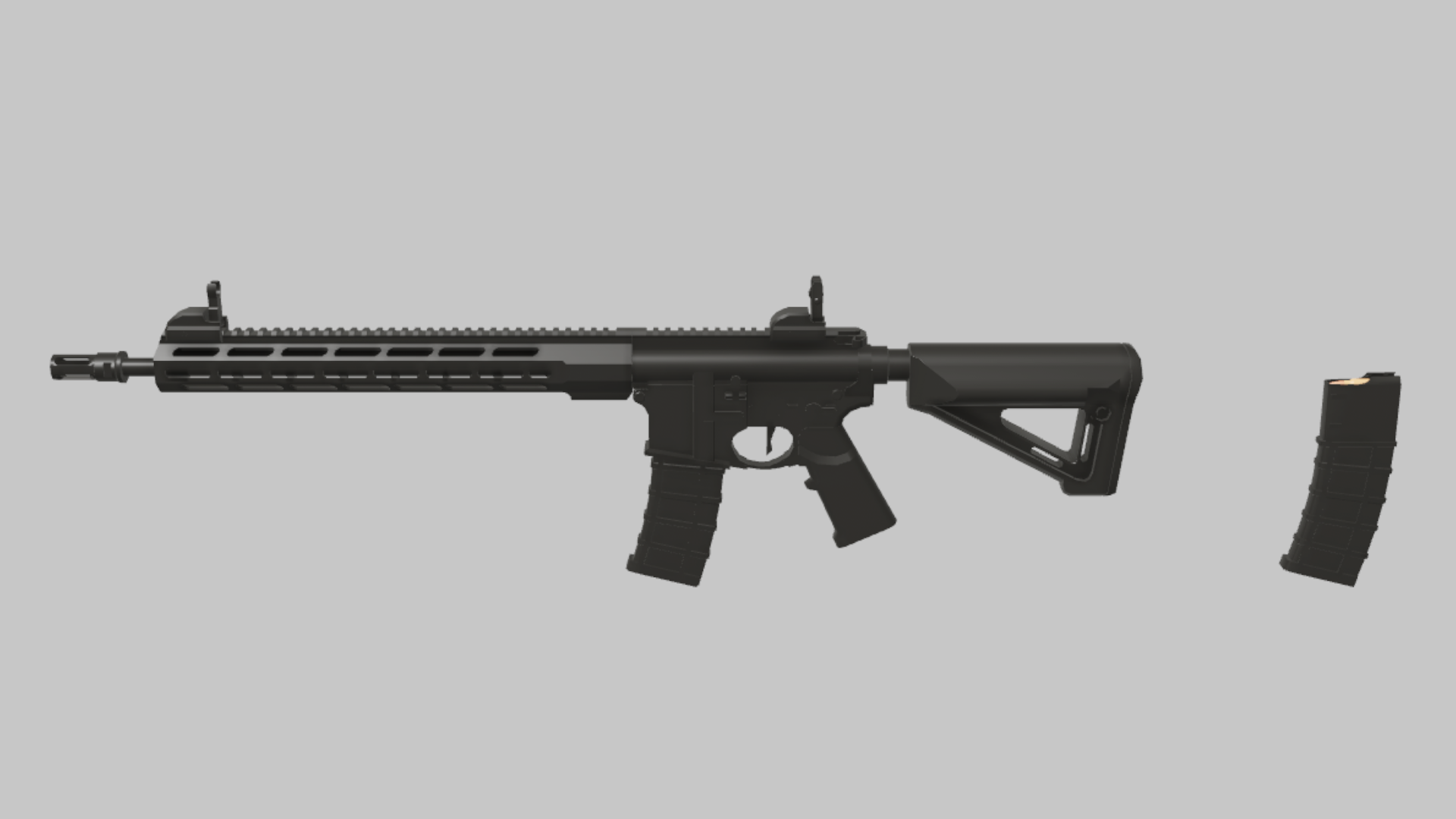 AR-15 RBXM firearm asset front render showing a long black AR-15 with extended rail handguard, skeletal stock, and detached magazine