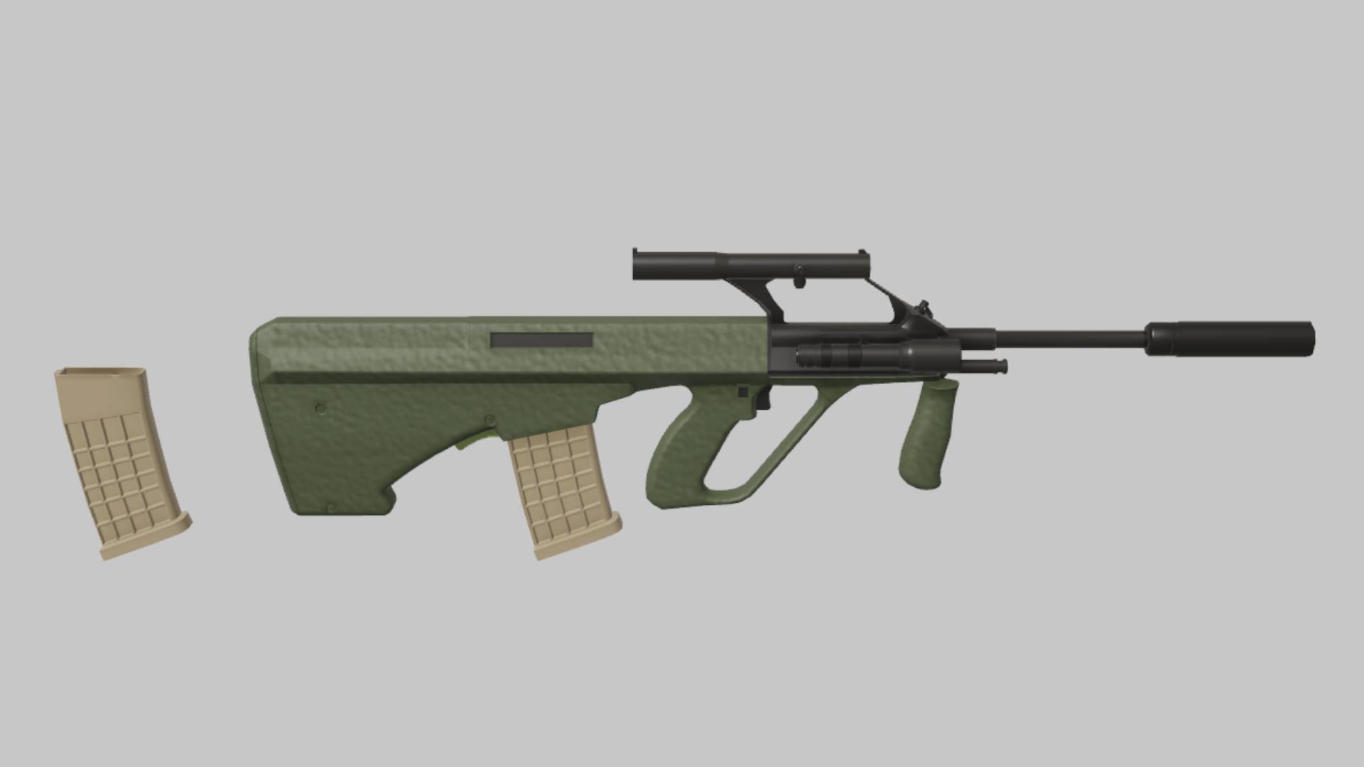 AUG Assassin RBXM firearm asset front render showing an olive AUG assassin variant with suppressor, tan magazines, and streamlined bullpup body