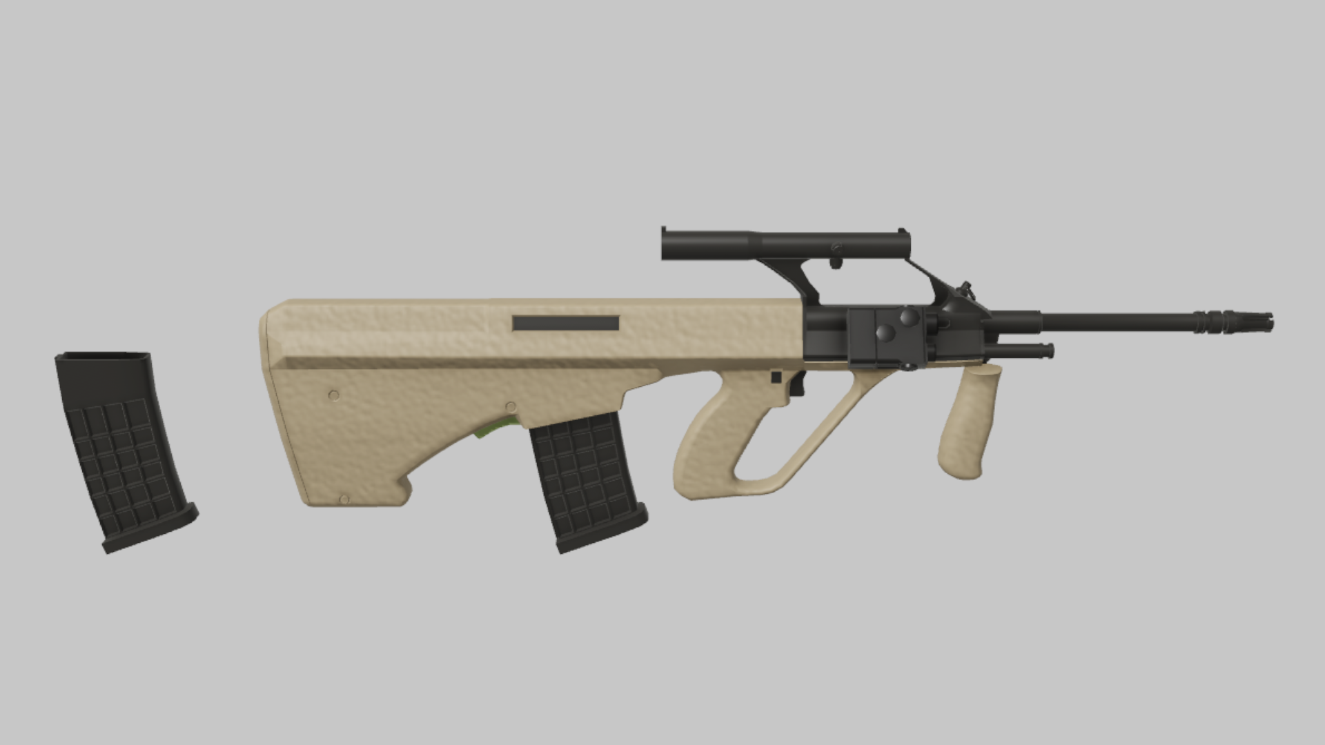 AUG Assault RBXM firearm asset front render showing a tan AUG assault variant with black magazine, carry handle, and forward barrel assembly