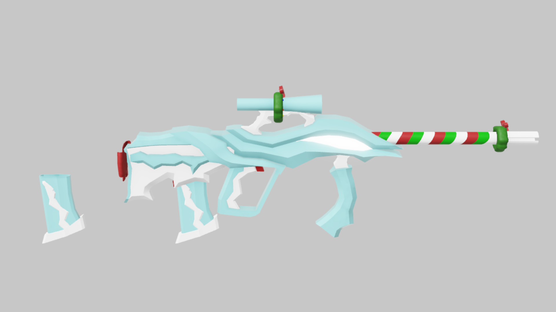 AUG Ice Spear RBXM firearm asset front render showing an icy white AUG skin with blue frost shapes, candy-stripe barrel wrap, and floating magazine shards