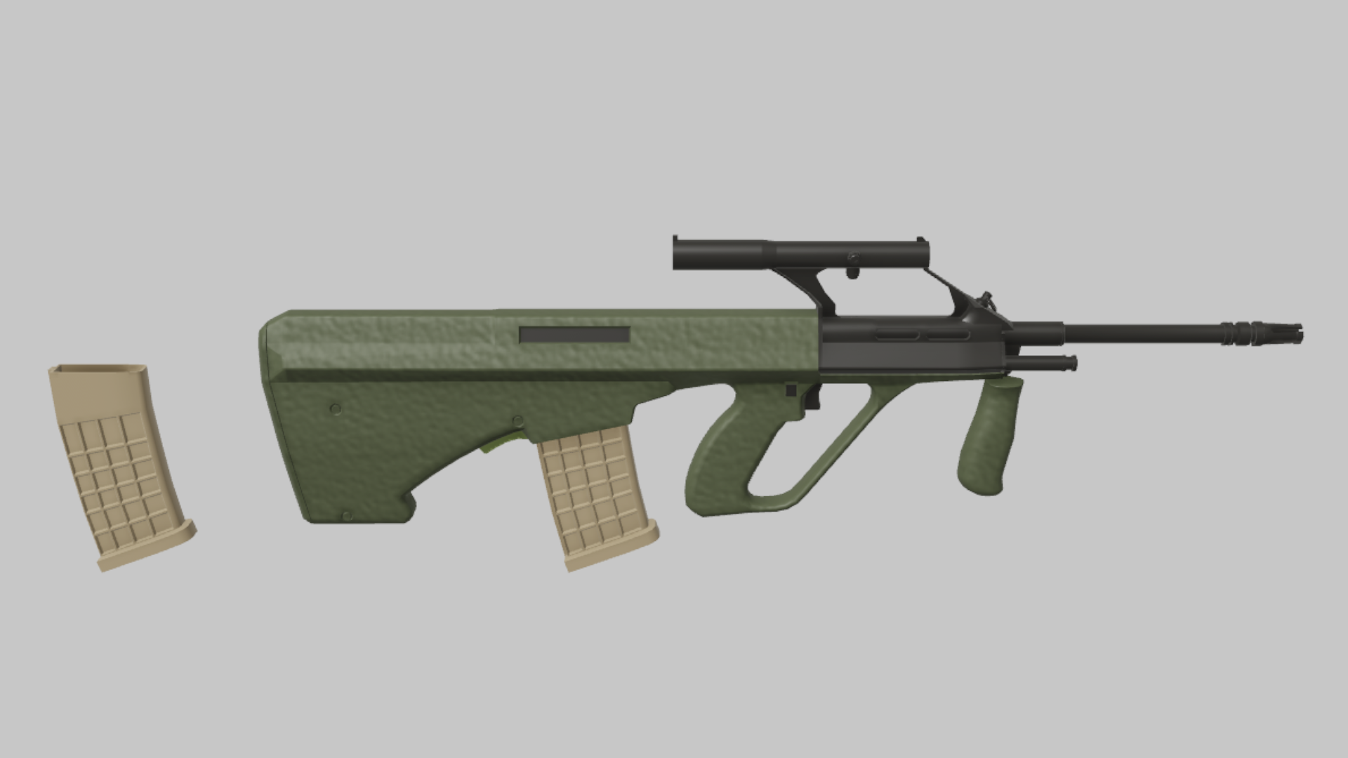 AUG RBXM firearm asset front render showing an olive bullpup AUG with tan magazines, carry handle, and compact front barrel