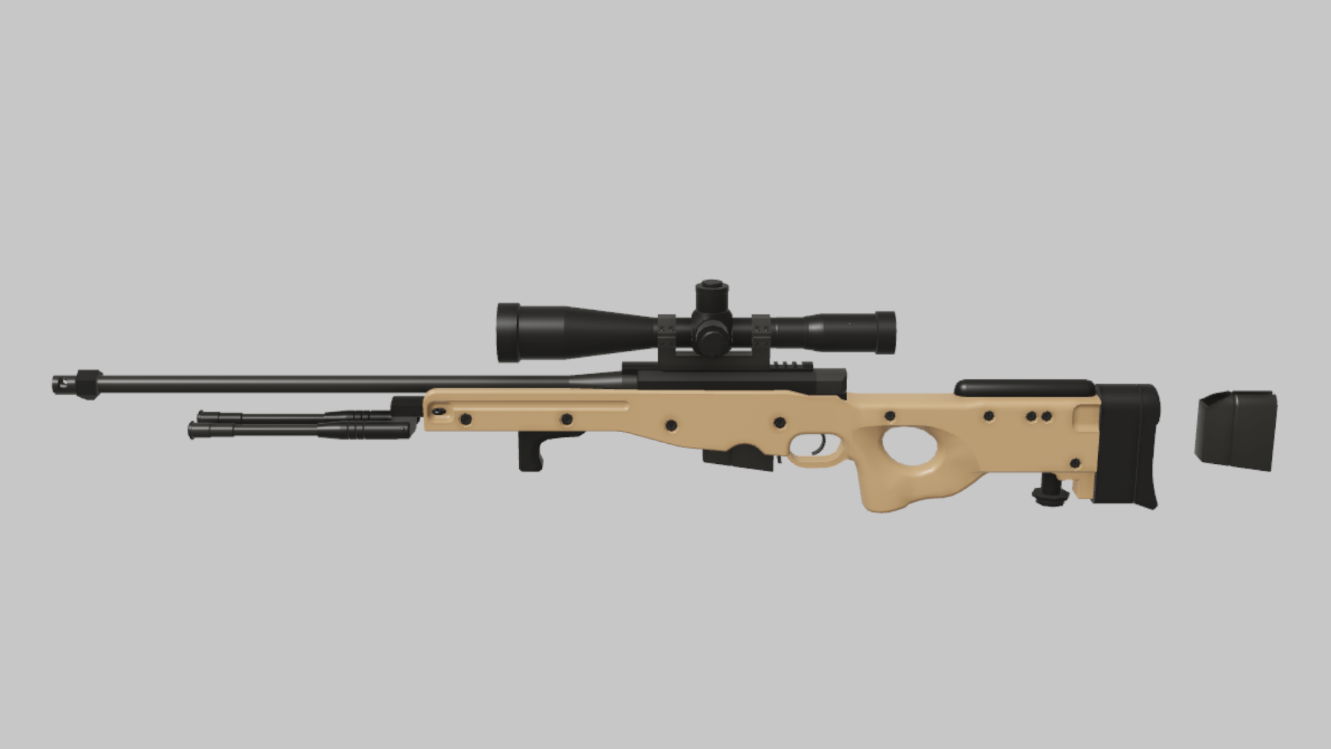 AWP Light RBXM firearm asset front render showing a tan AWP light variant with long scope, black barrel, and clean beige chassis
