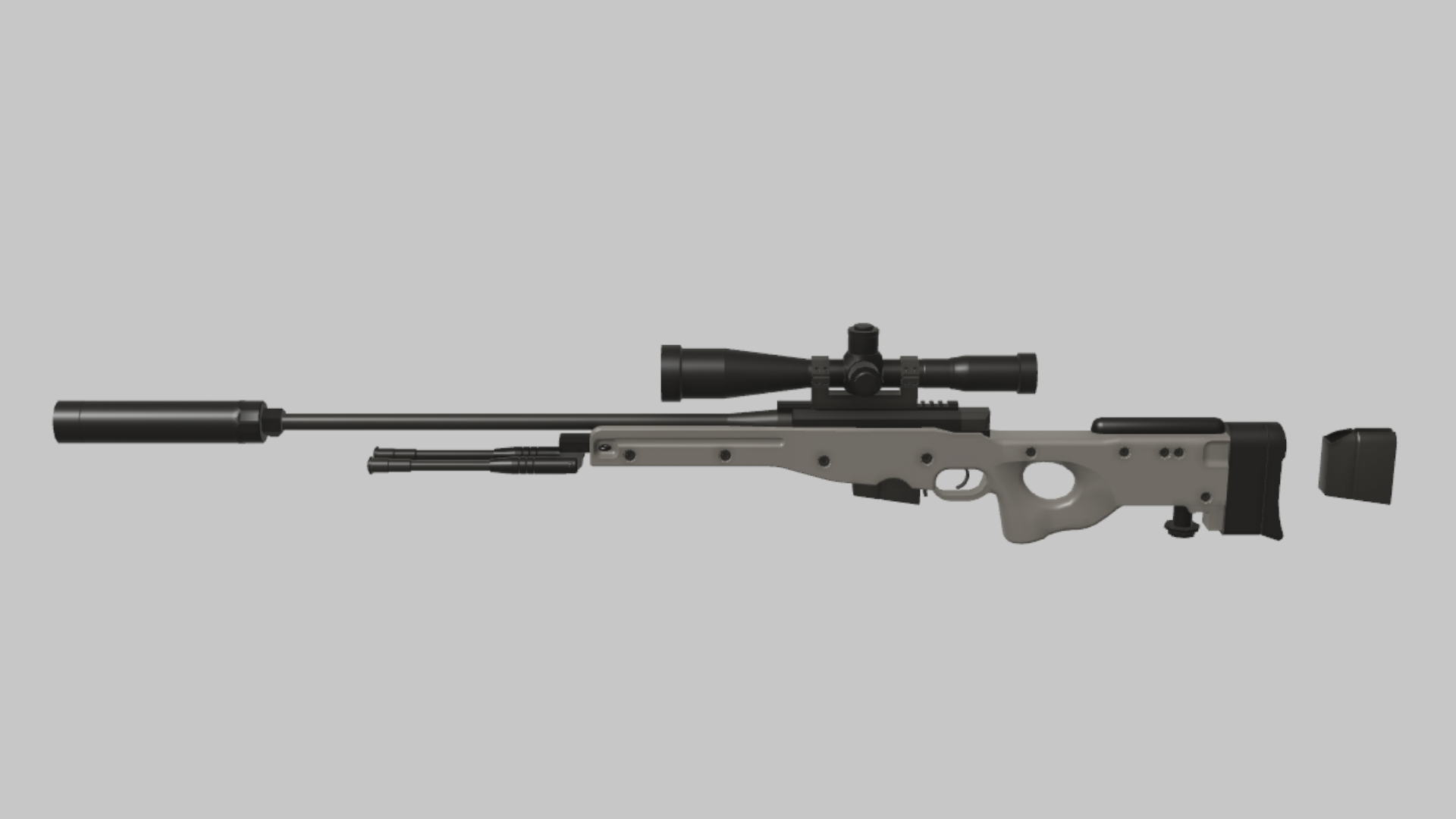 AWP Precision RBXM firearm asset front render showing a gray AWP precision build with suppressor, long scope, and detached magazine block