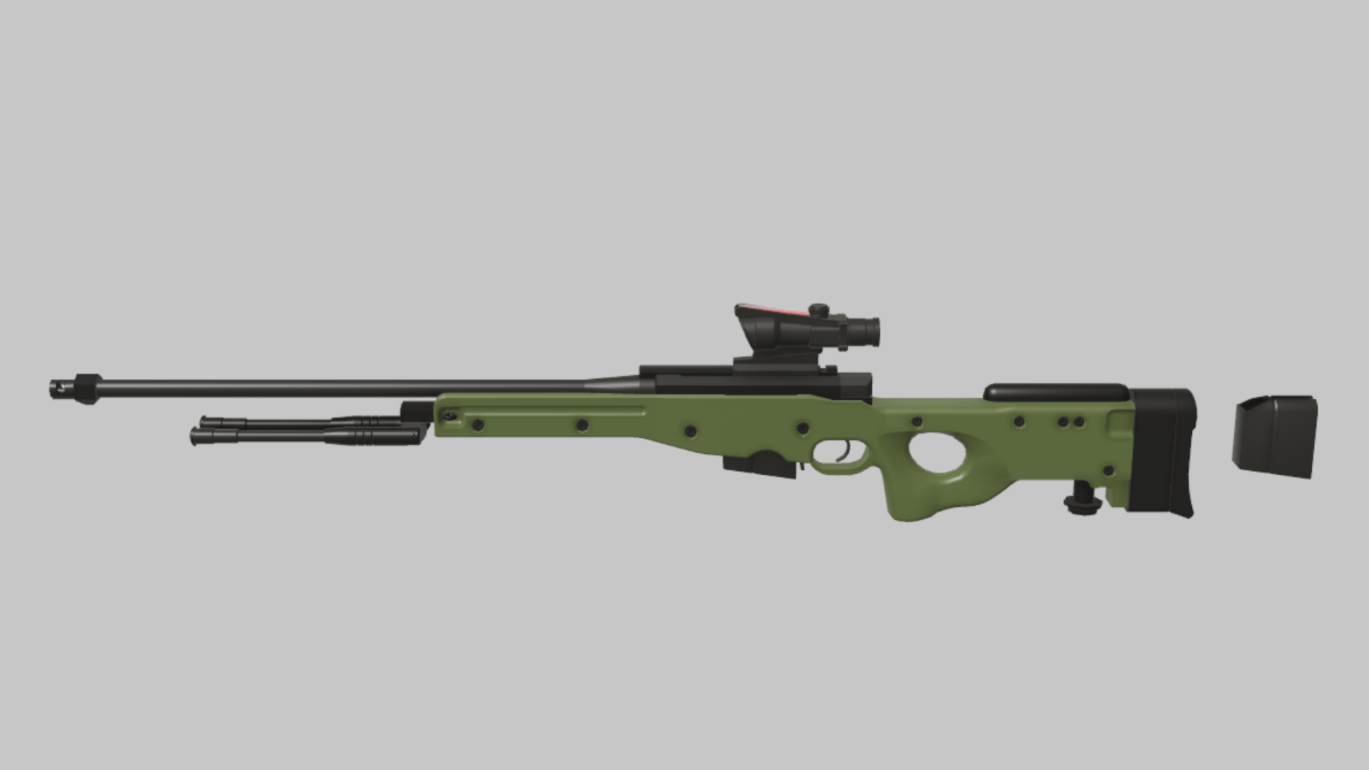 AWP QRF RBXM firearm asset front render showing a green AWP QRF variant with compact optic, black barrel assembly, and detachable magazine