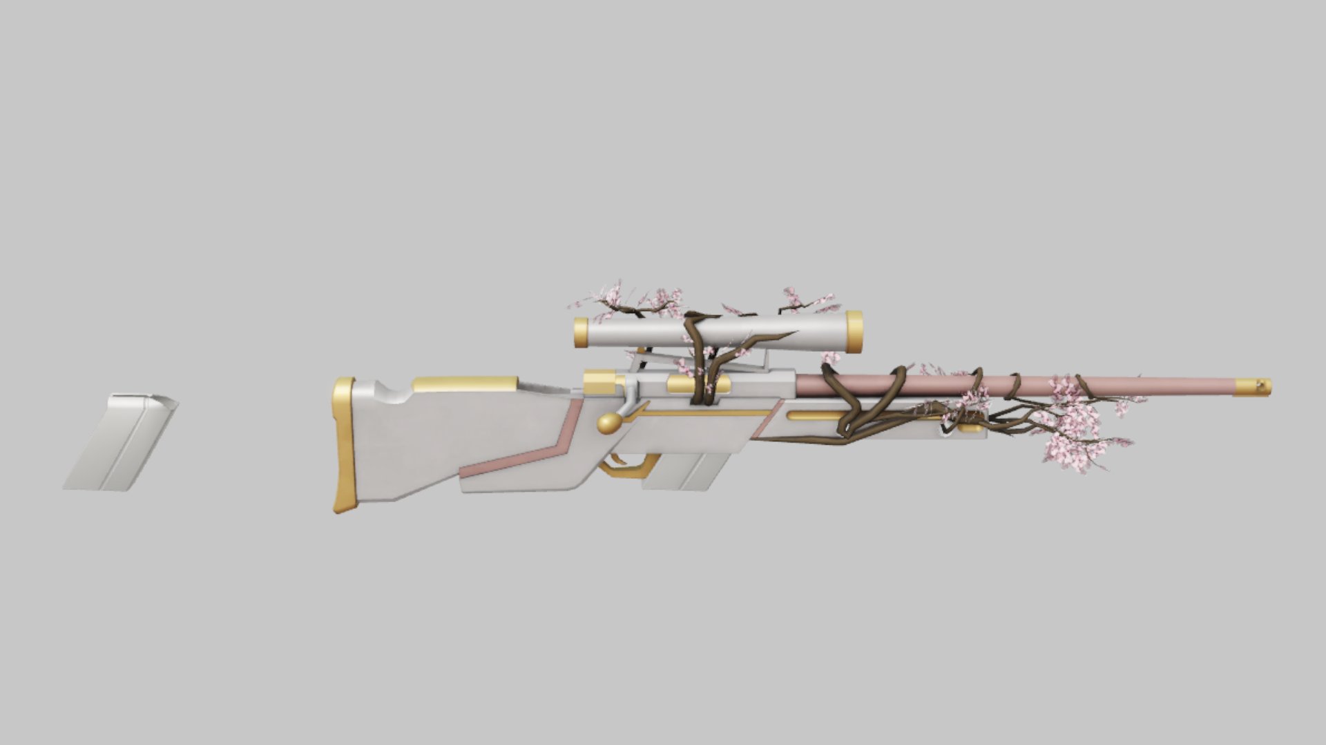 AWP Sakura RBXM firearm asset front render showing a white and pink Sakura AWP with branch wraps, blossoms, gold trim, and a slim scope