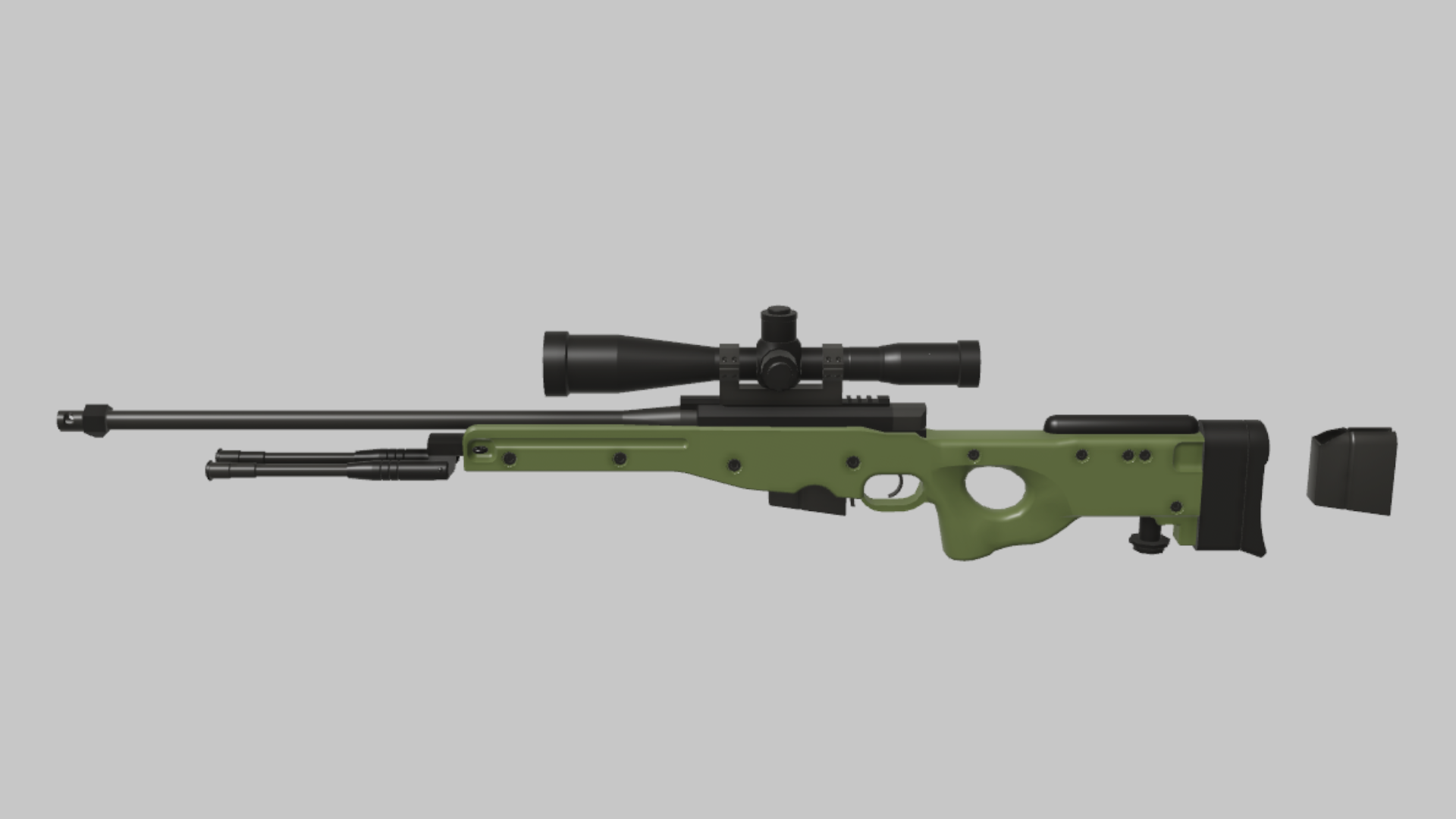 AWP RBXM firearm asset front render showing a green AWP sniper body with black scope, long barrel, and detached magazine