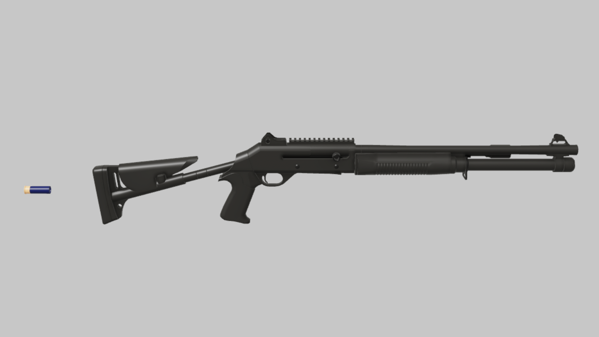 BM4 Birdshot RBXM firearm asset front render showing a black BM4 shotgun with blue shell marker and clean tactical pump profile