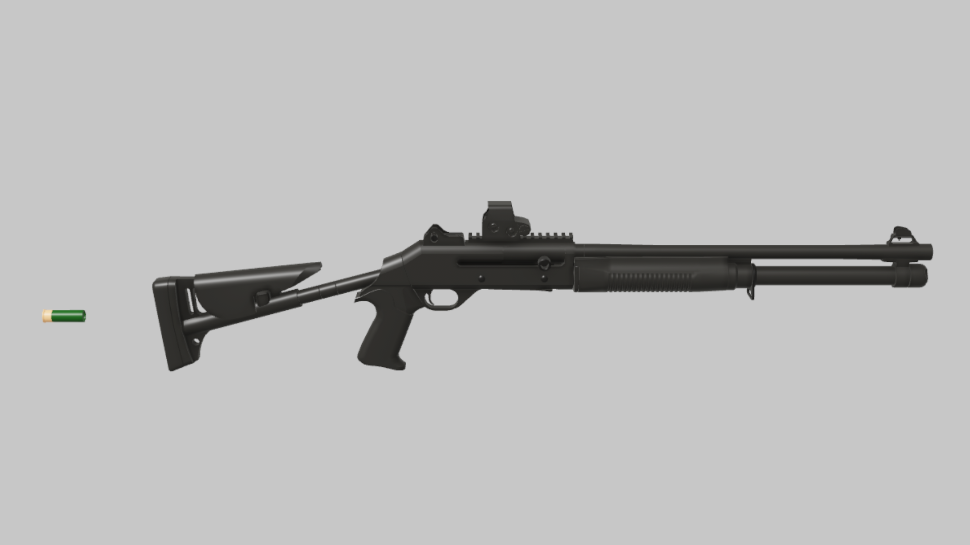 BM4 Flechette RBXM firearm asset front render showing a black BM4 flechette variant with green shell marker and compact raised sight