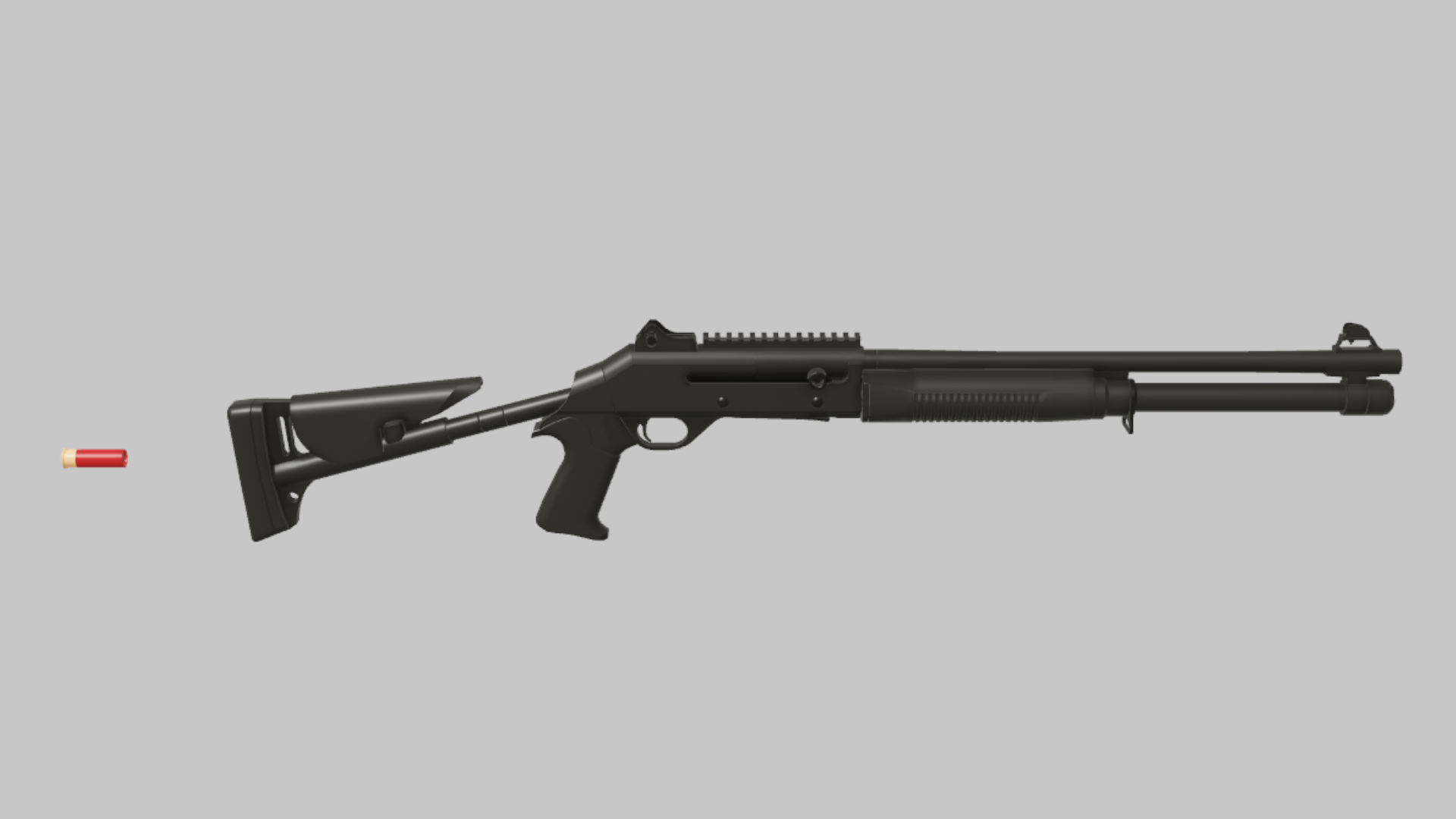 BM4 RBXM firearm asset front render showing a black BM4 shotgun render with red shell marker, skeletal stock, and long barrel