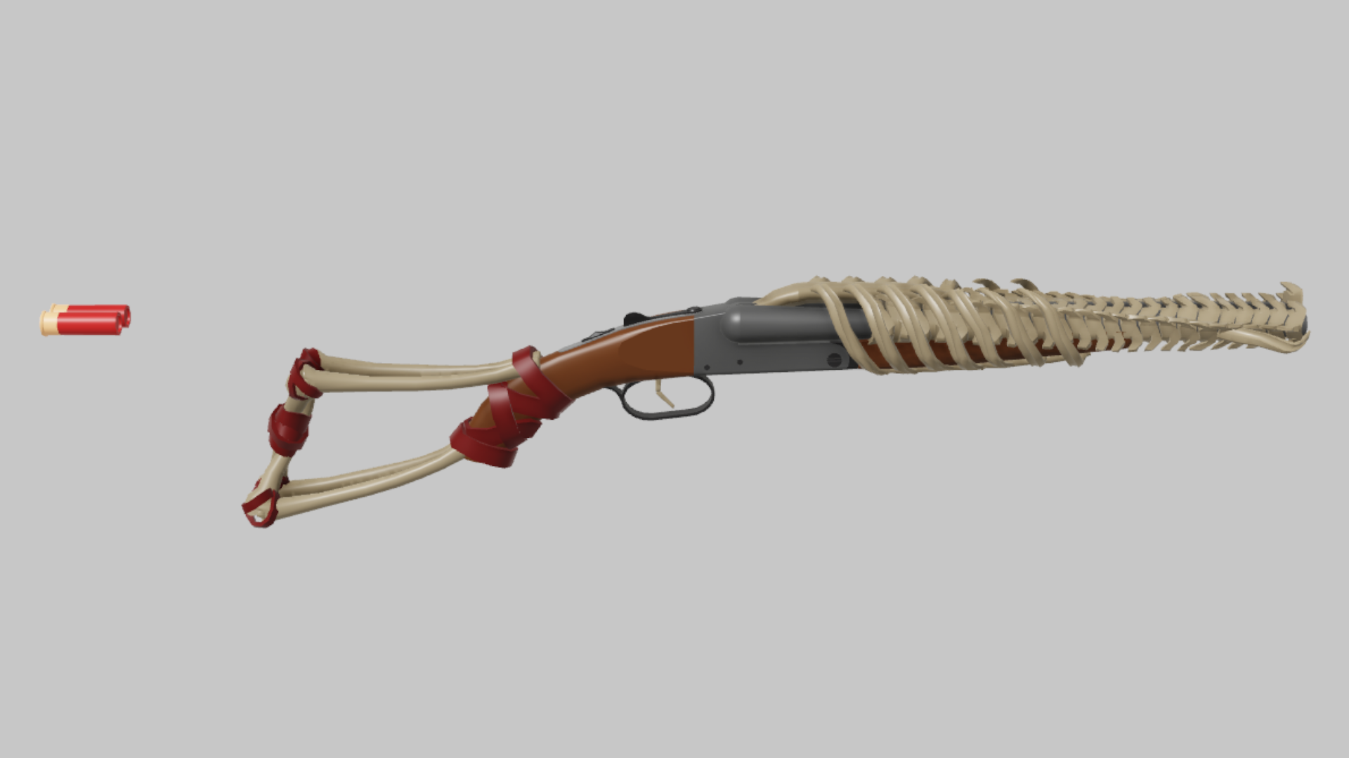 DBS-12 Bone Buster RBXM firearm asset front render showing a bone-wrapped DBS-12 with red bindings, ribbed barrel cover, and skeletal stock treatment