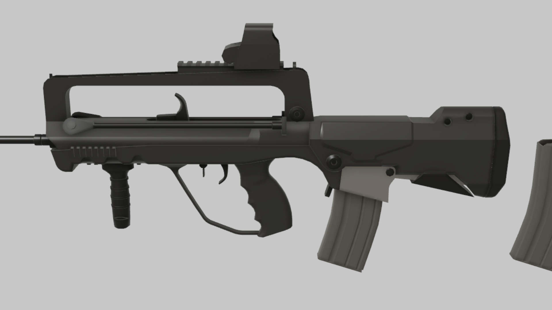 FAMAS Modern RBXM firearm asset front render showing a modern FAMAS setup with vertical foregrip, black chassis, and gray magazine