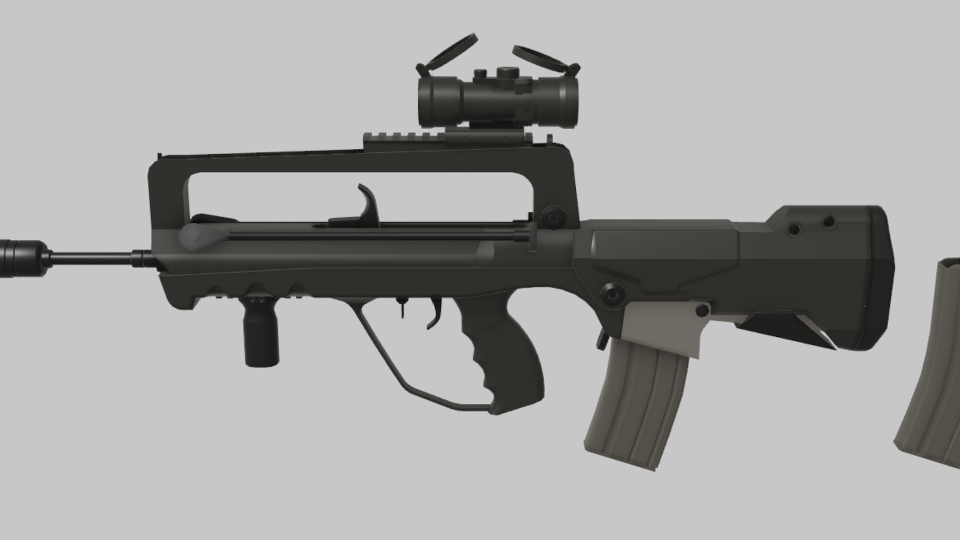 FAMAS Ranger RBXM firearm asset front render showing a FAMAS Ranger build with tube optic, compact foregrip, and blocky black stock
