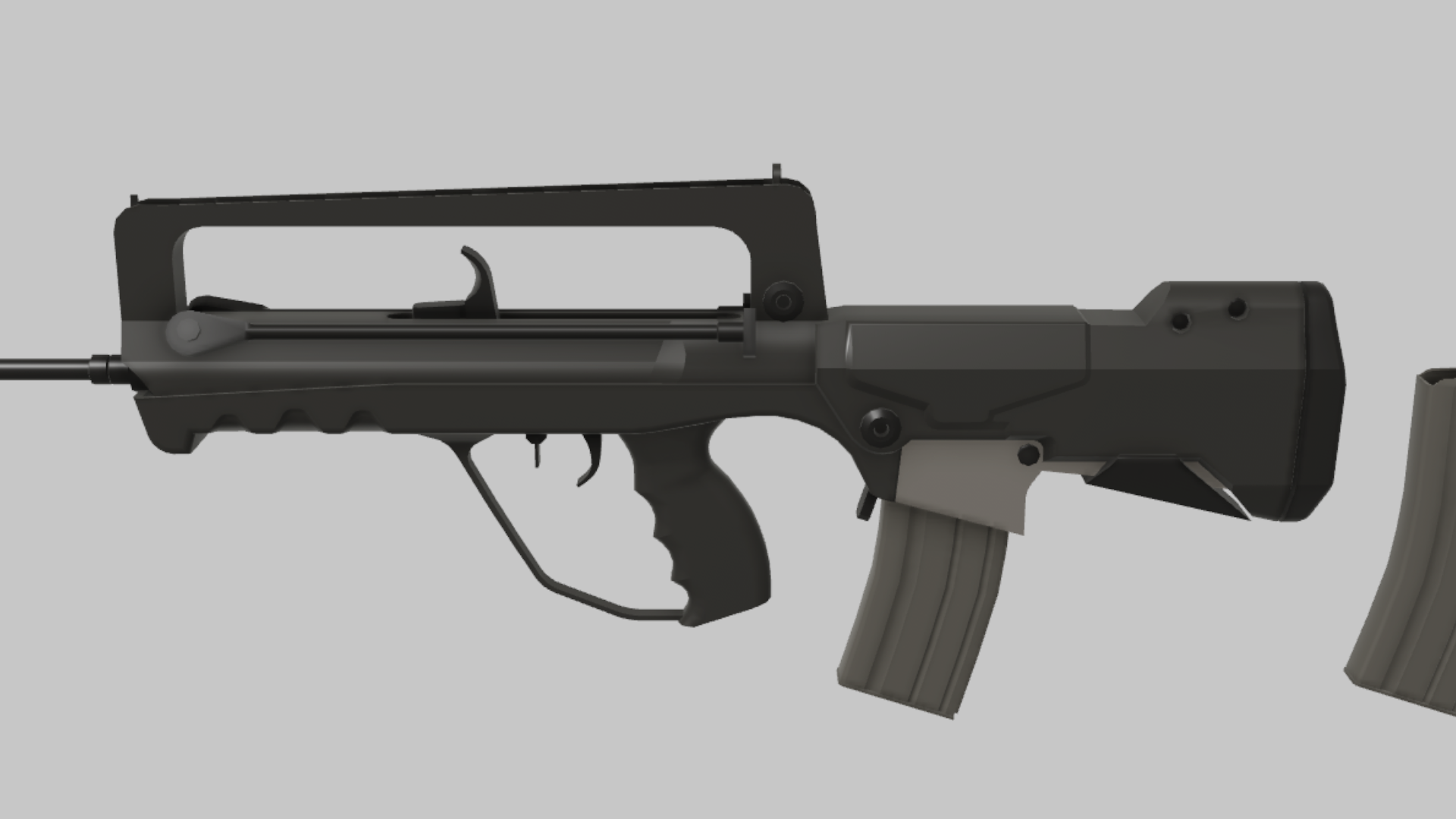 FAMAS RBXM firearm asset front render showing a close-up black FAMAS body with carry handle, gray magazine, and ribbed lower grip