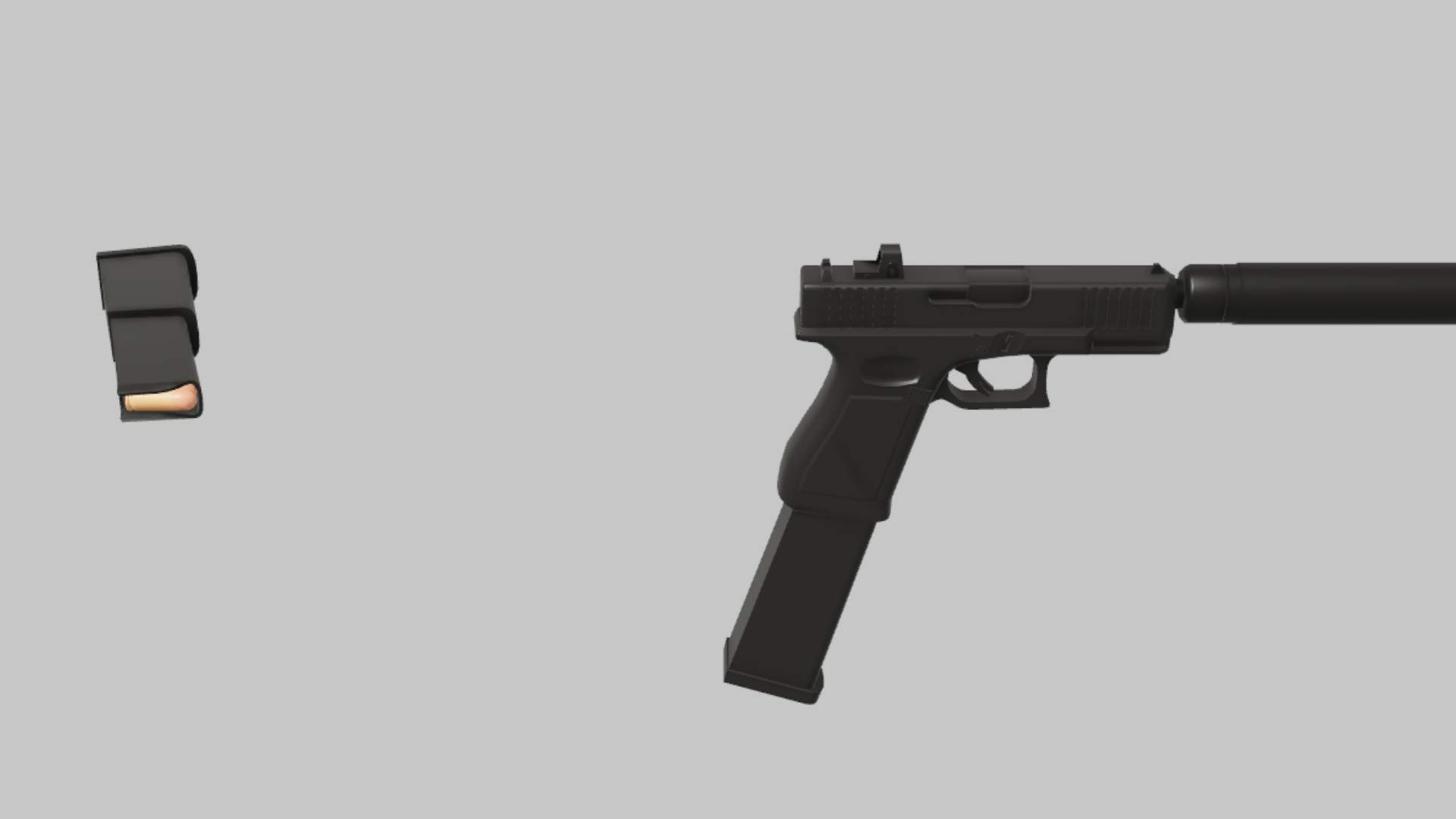 G18 Operative RBXM firearm asset front render showing a black G18 Operative pistol with long suppressor and detached magazine