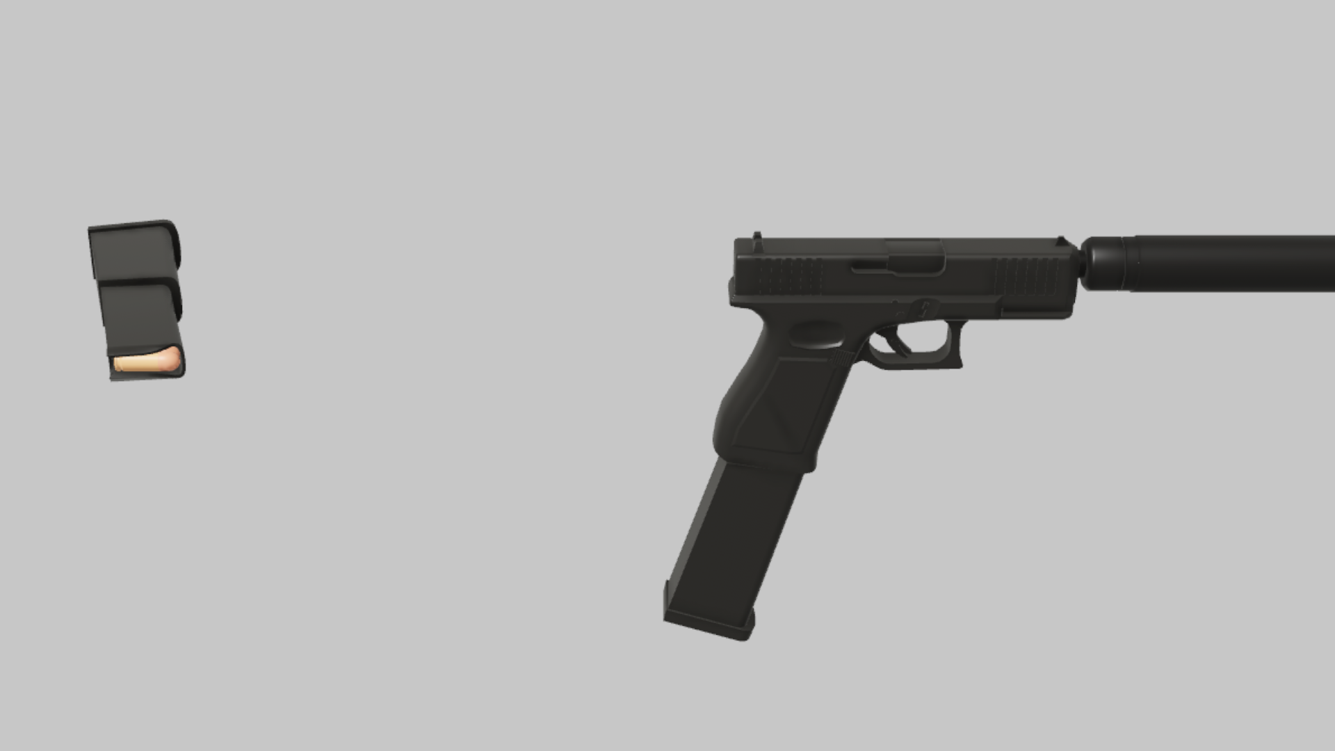 G18 Stealth RBXM firearm asset front render showing a black G18 Stealth pistol with long suppressor and minimalist dark silhouette