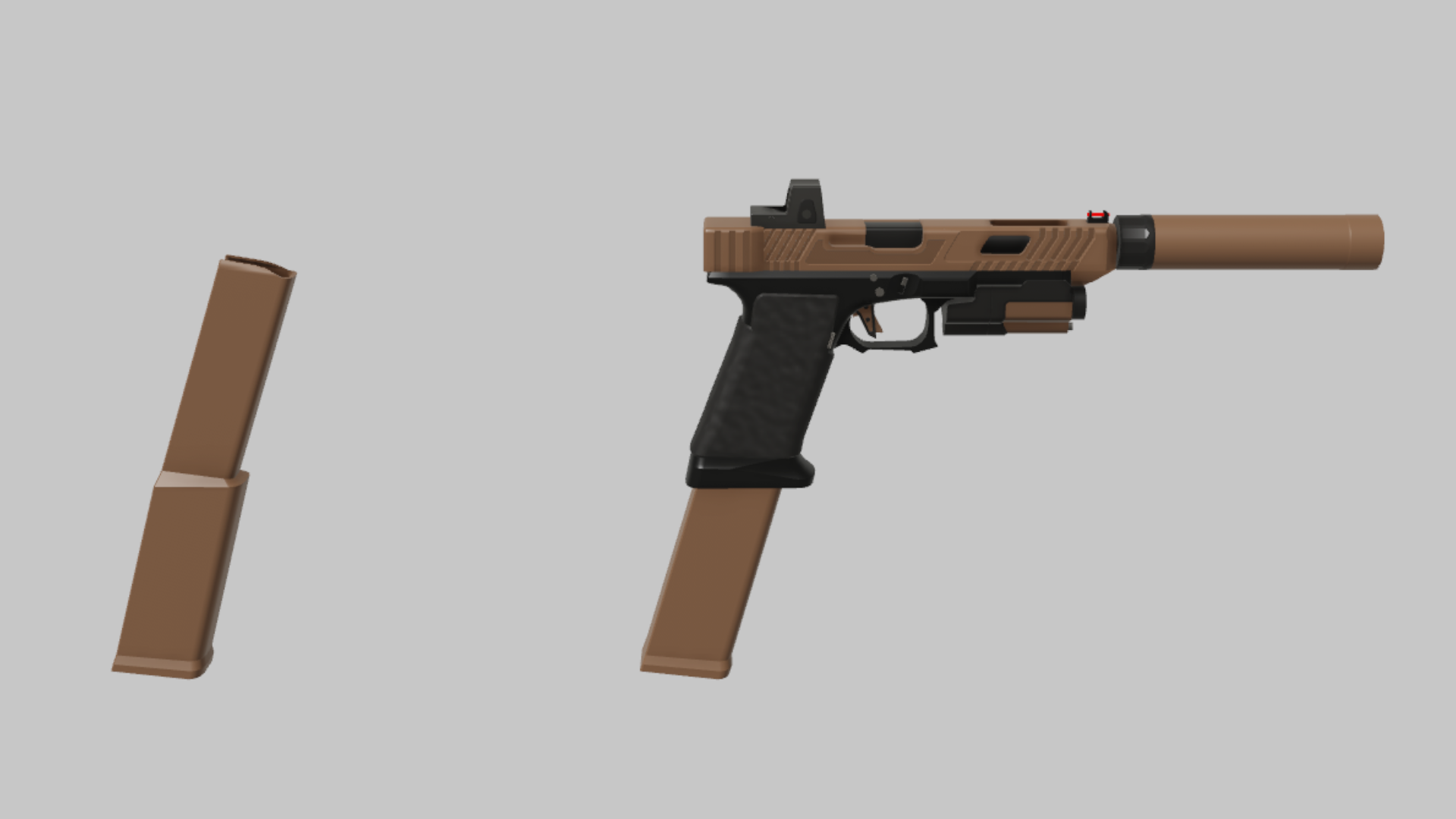 G18 Tactical RBXM firearm asset front render showing a tan-and-black G18 Tactical pistol with suppressor, underbarrel module, and matching magazine