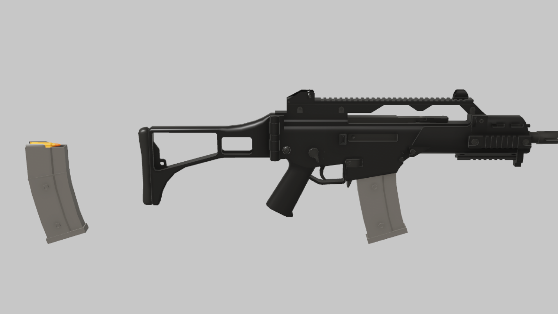 G36C RBXM firearm asset front render showing a black G36C carbine with skeleton stock, top rail, gray magazine, and compact front assembly
