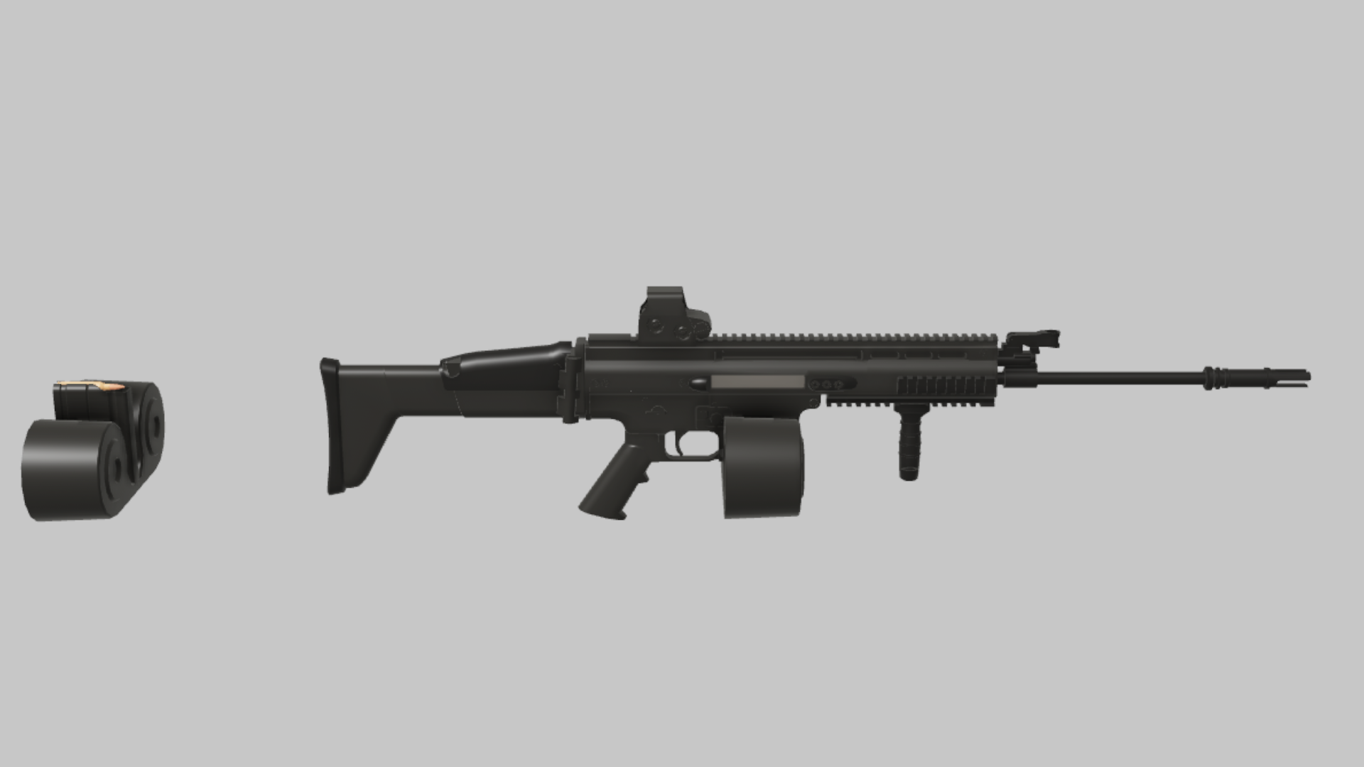 HAMR Ranger RBXM firearm asset front render showing a HAMR Ranger variant with drum magazine, vertical foregrip, and extended black barrel