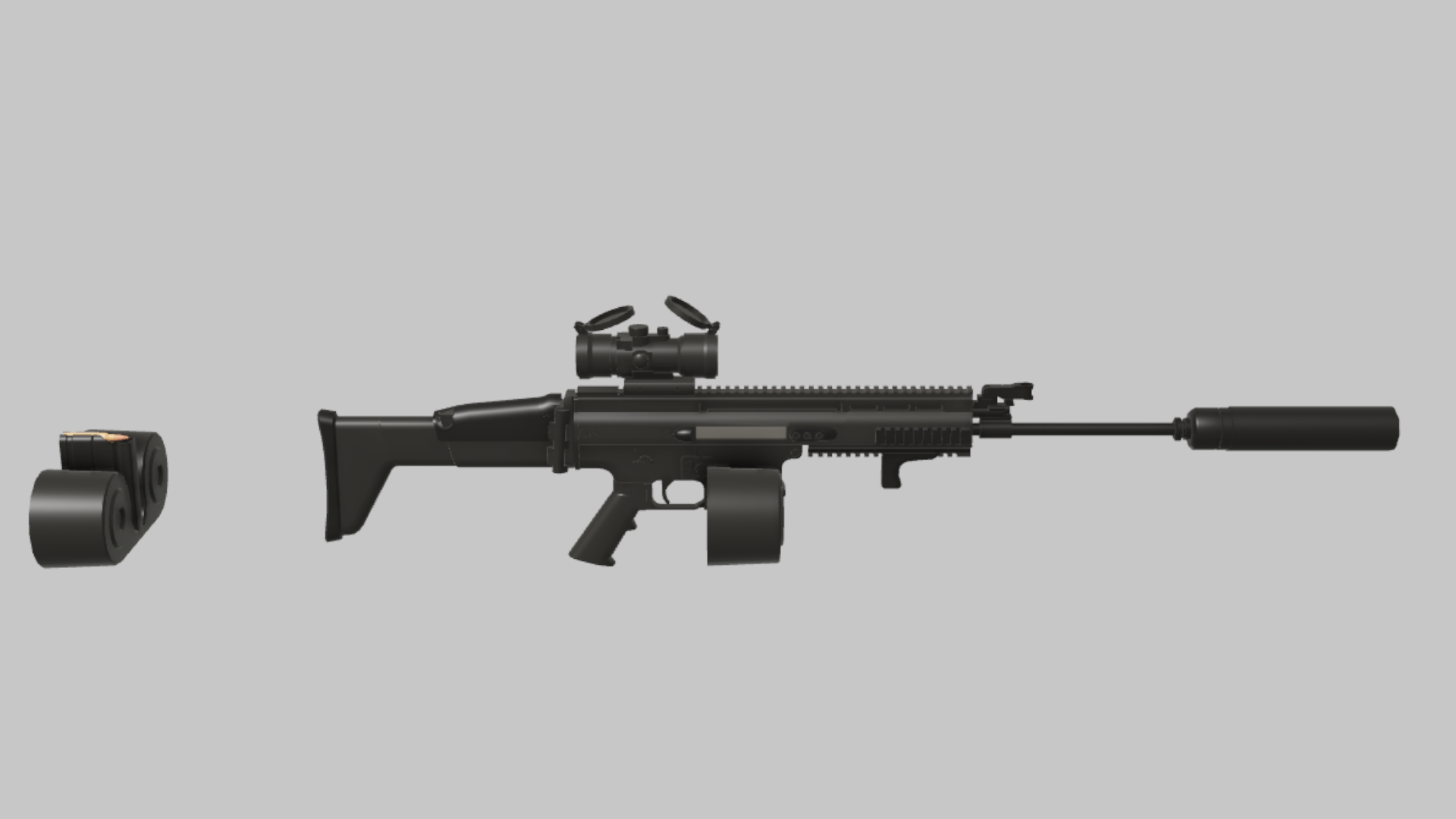 HAMR Tactical RBXM firearm asset front render showing a HAMR Tactical build with drum magazine, suppressor, optic, and long support-weapon frame