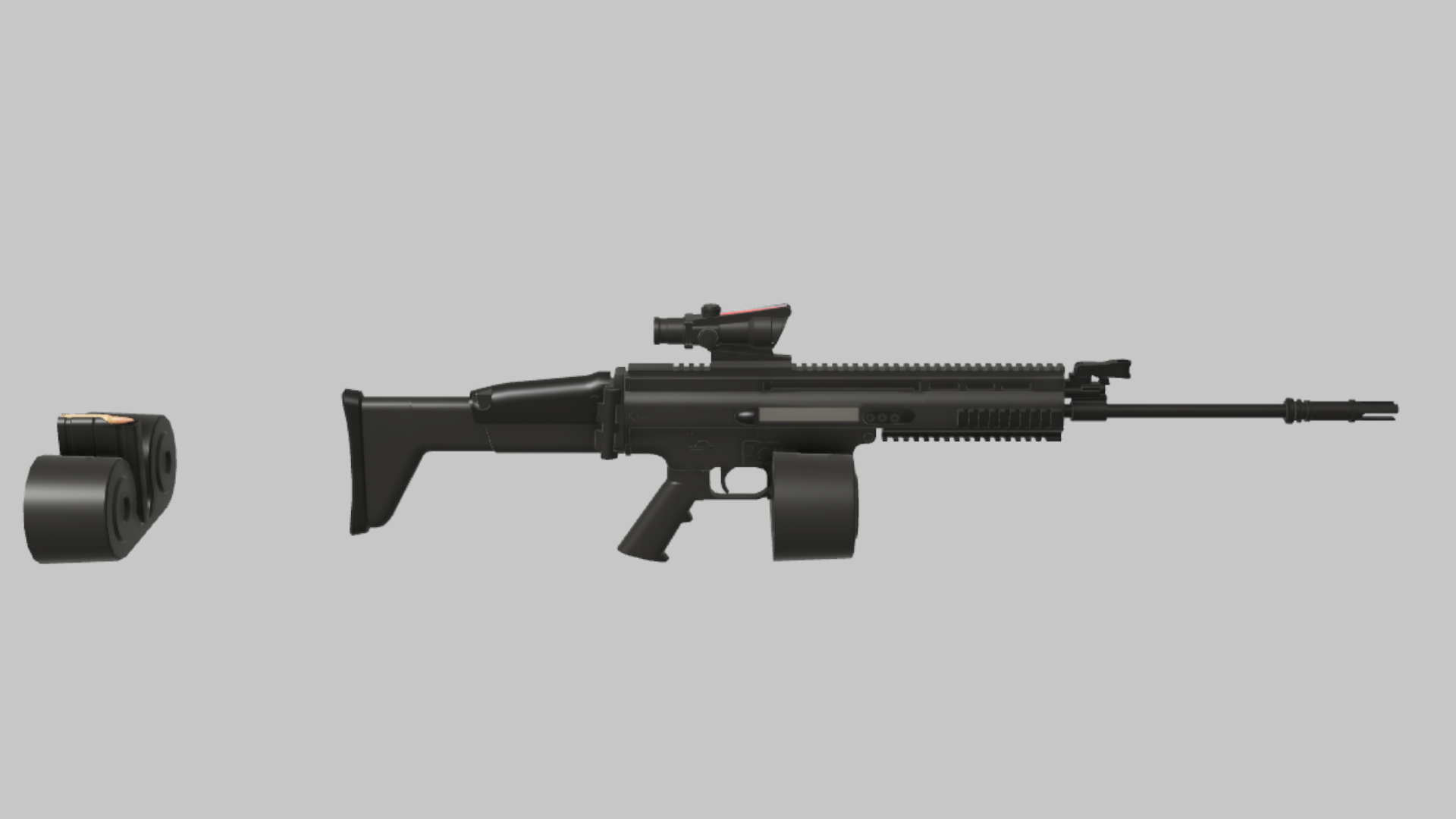 HAMR RBXM firearm asset front render showing a black HAMR support weapon with drum magazine, long barrel, and raised optic