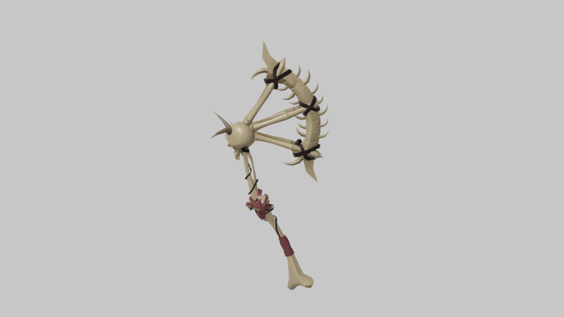 Hatchet Bonesplitter RBXM melee asset front render showing a bone-themed hatchet with skeletal crescent frame, thorn spikes, and red bindings