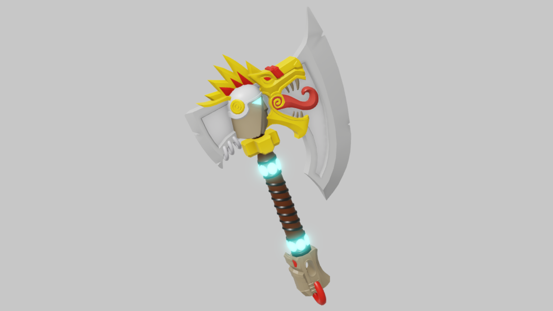 Hatchet Royal RBXM melee asset front render showing a decorative royal hatchet with broad silver blade, gold crest, red swirl, and glowing handle accents