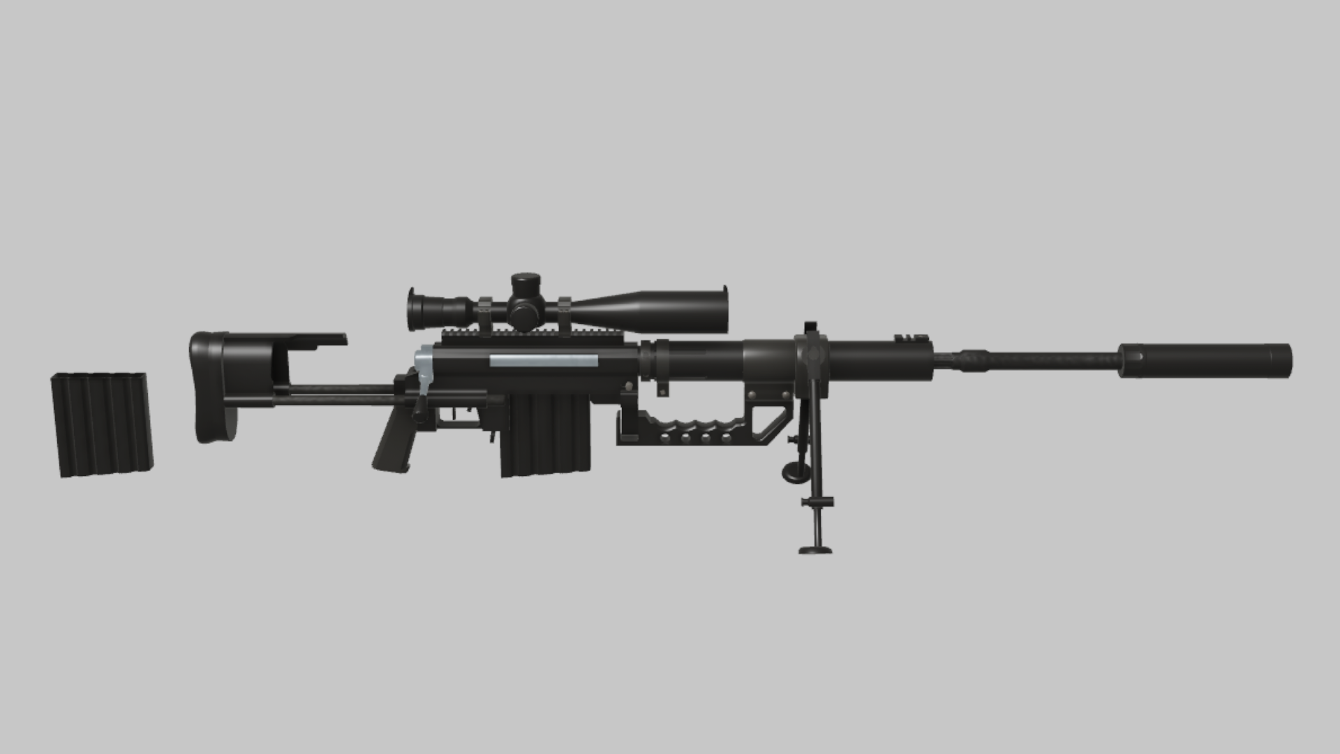 Intervention Competition RBXM firearm asset front render showing a black Intervention Competition variant with long scope, bipod, suppressor, and match-style layout