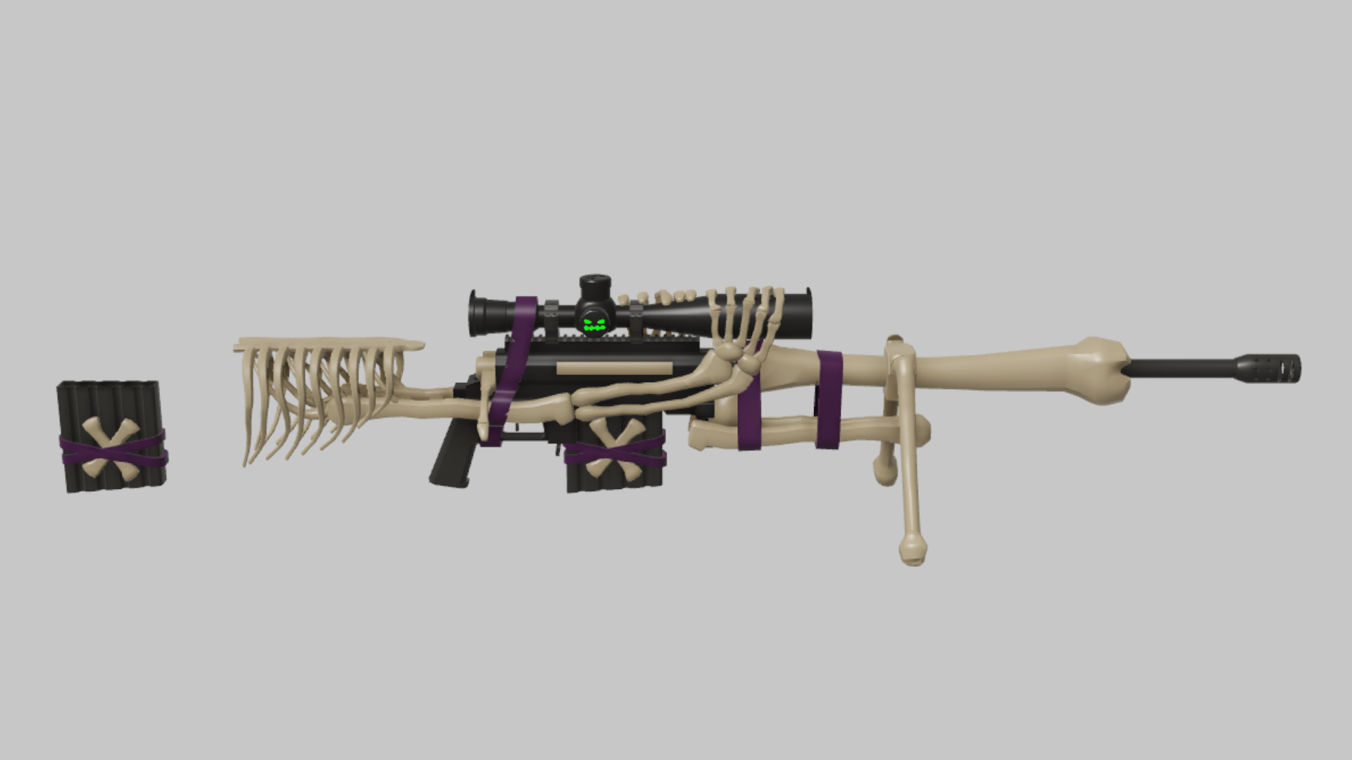 Intervention Death's Grip RBXM firearm asset front render showing a bone-wrapped Intervention with skeletal barrel cover, purple bands, and dark receiver details