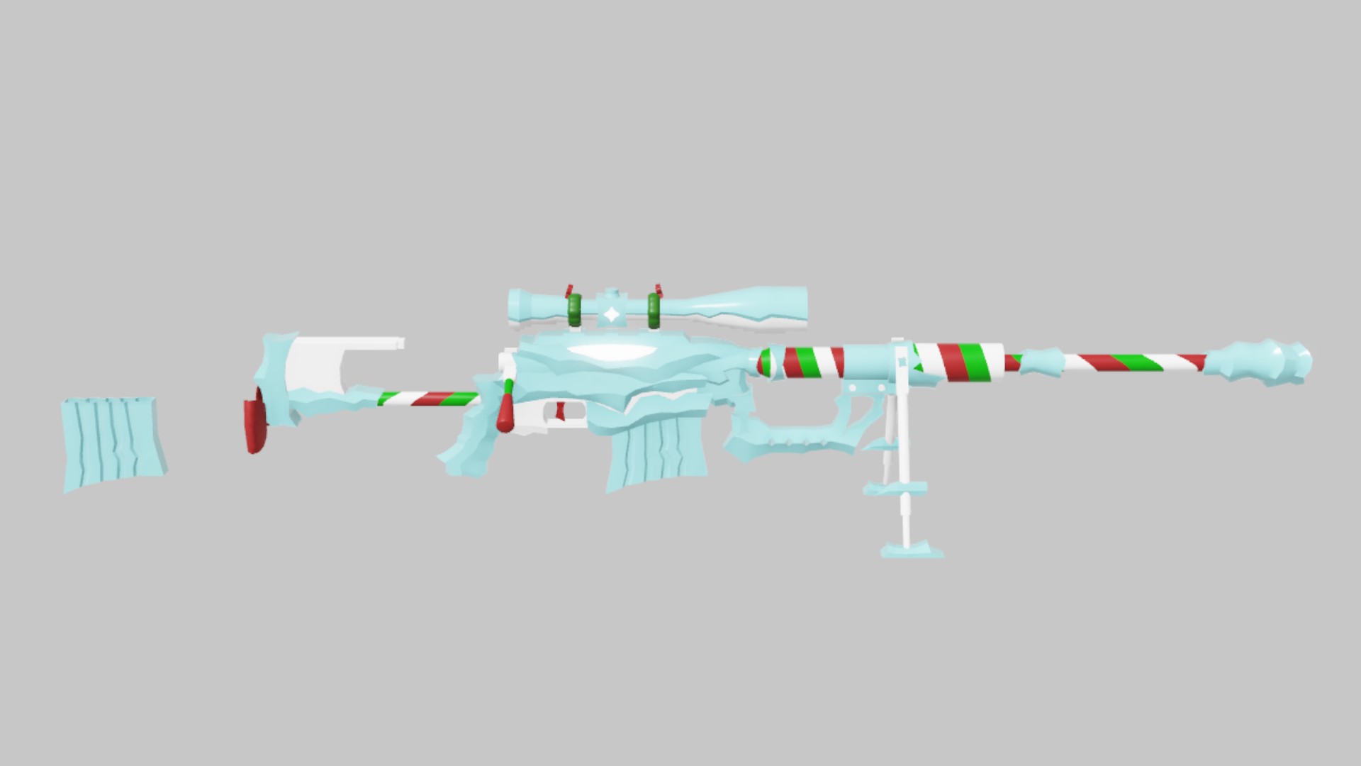 Intervention Ice Queen RBXM firearm asset front render showing an Ice Queen Intervention with white frost skin, aqua highlights, candy-stripe accents, and bipod