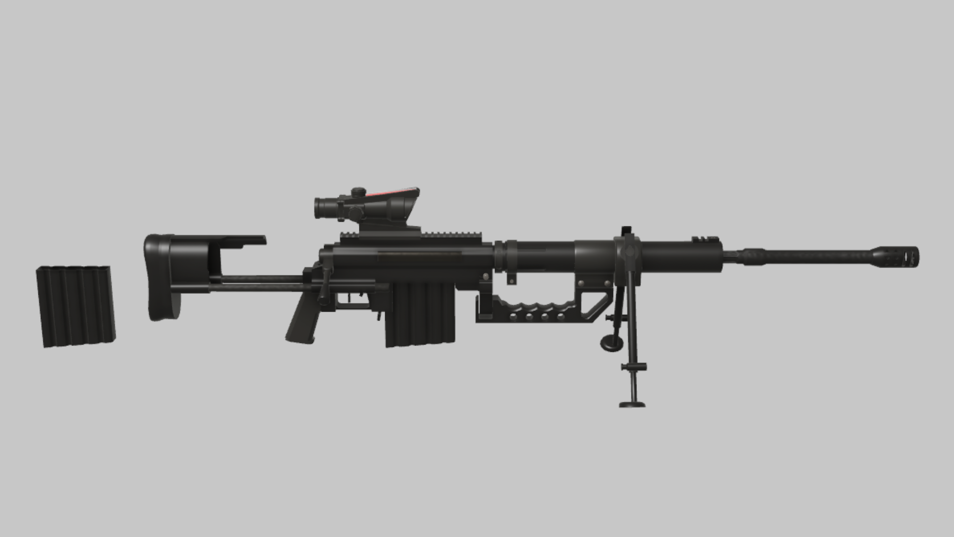 Intervention QRF RBXM firearm asset front render showing a black Intervention QRF setup with red-dot optic, bipod, and long heavy barrel