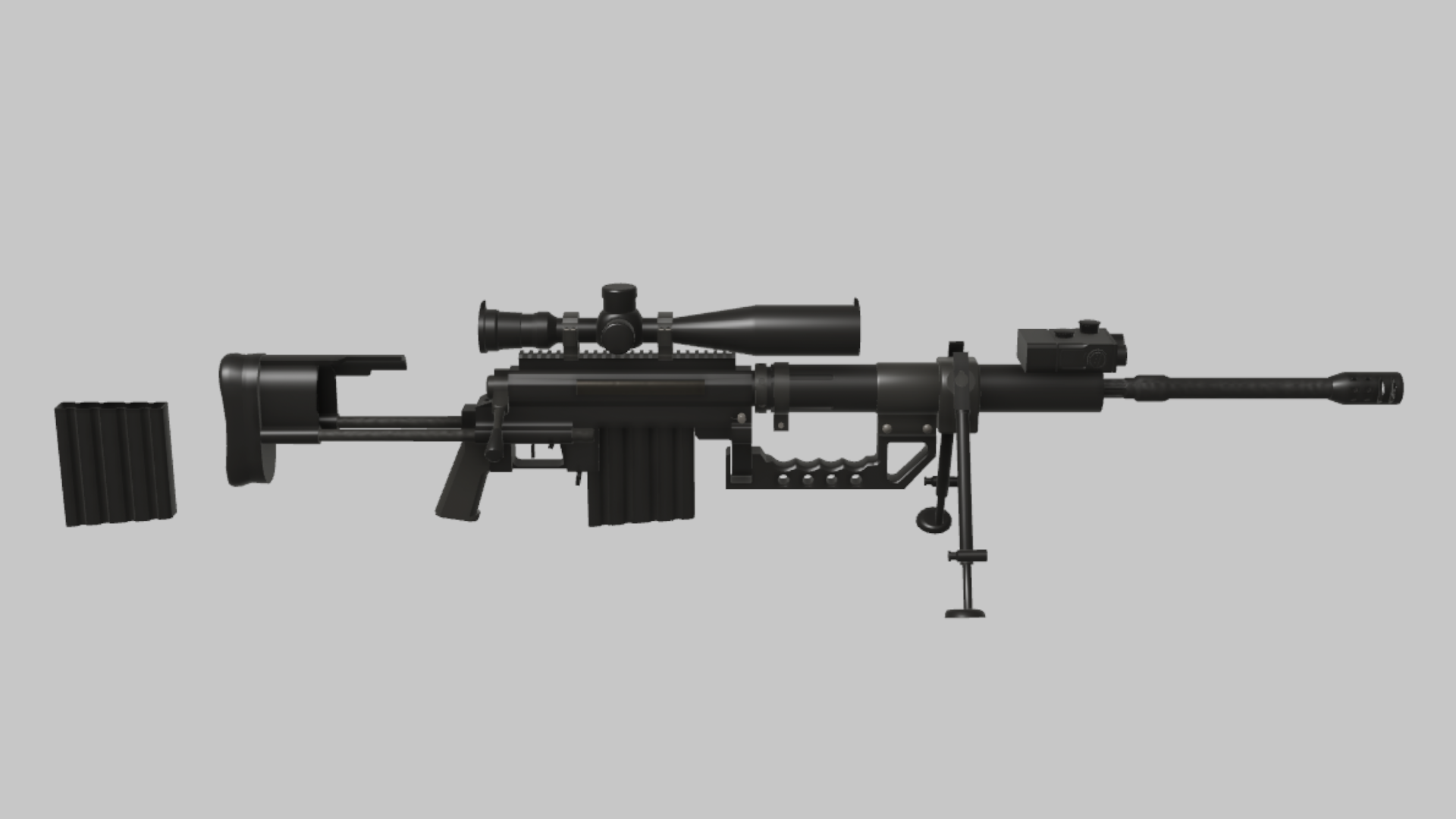 Intervention Support RBXM firearm asset front render showing a black Intervention Support build with oversized scope, bipod, and long precision chassis