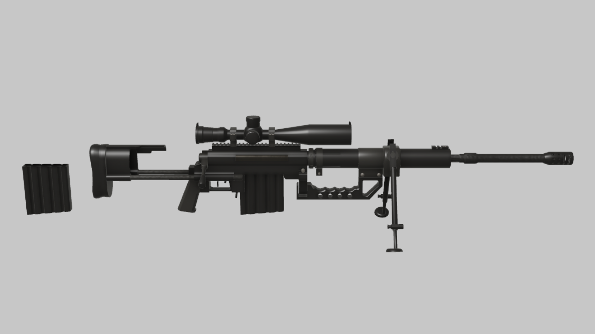 Intervention RBXM firearm asset front render showing a black Intervention sniper rifle with long scope, bipod, large magazine, and extended barrel